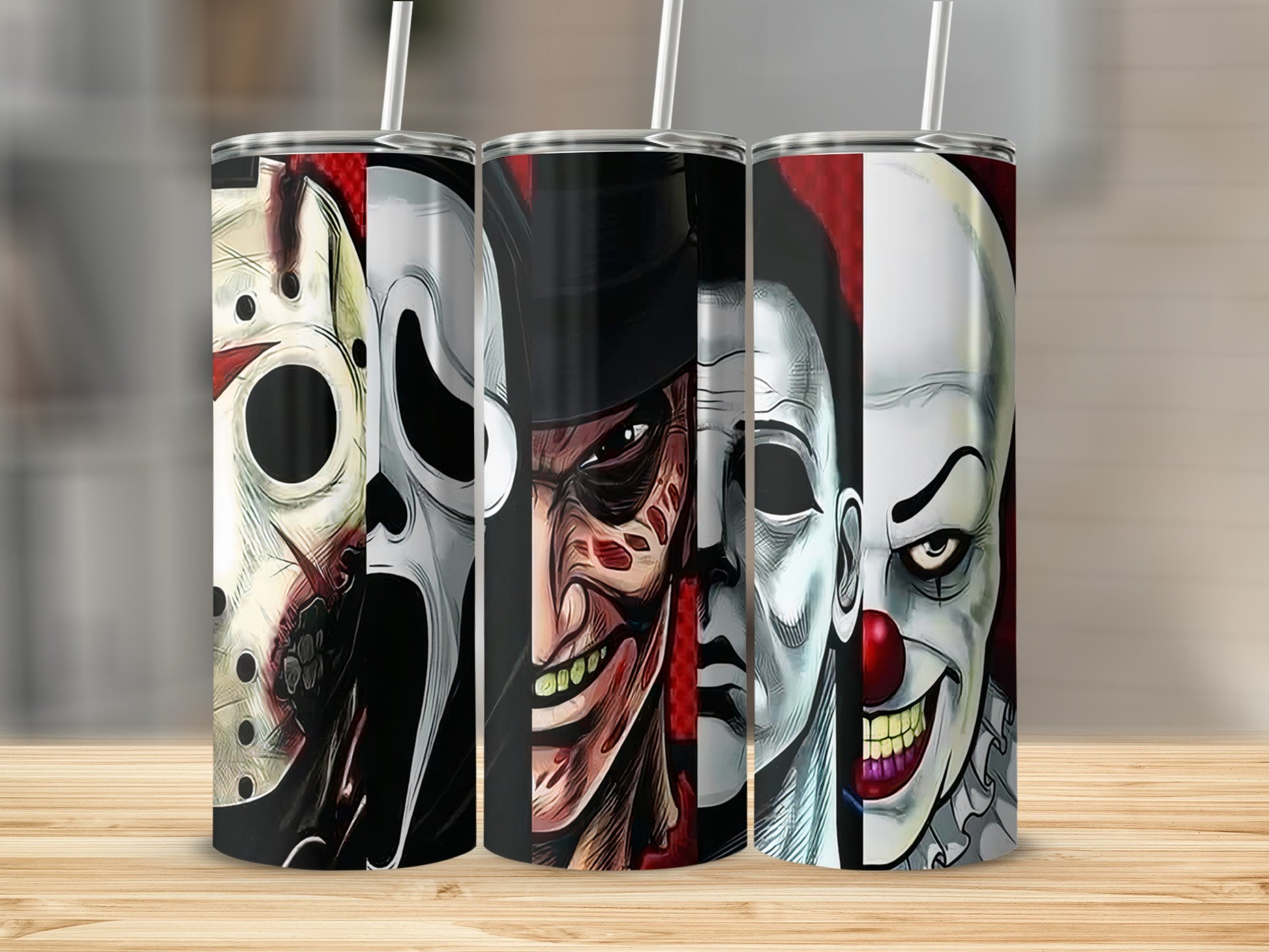Tumblers featuring horror movie character masks: Jason, Scream, Freddy, Michael Myers, and Pennywise.