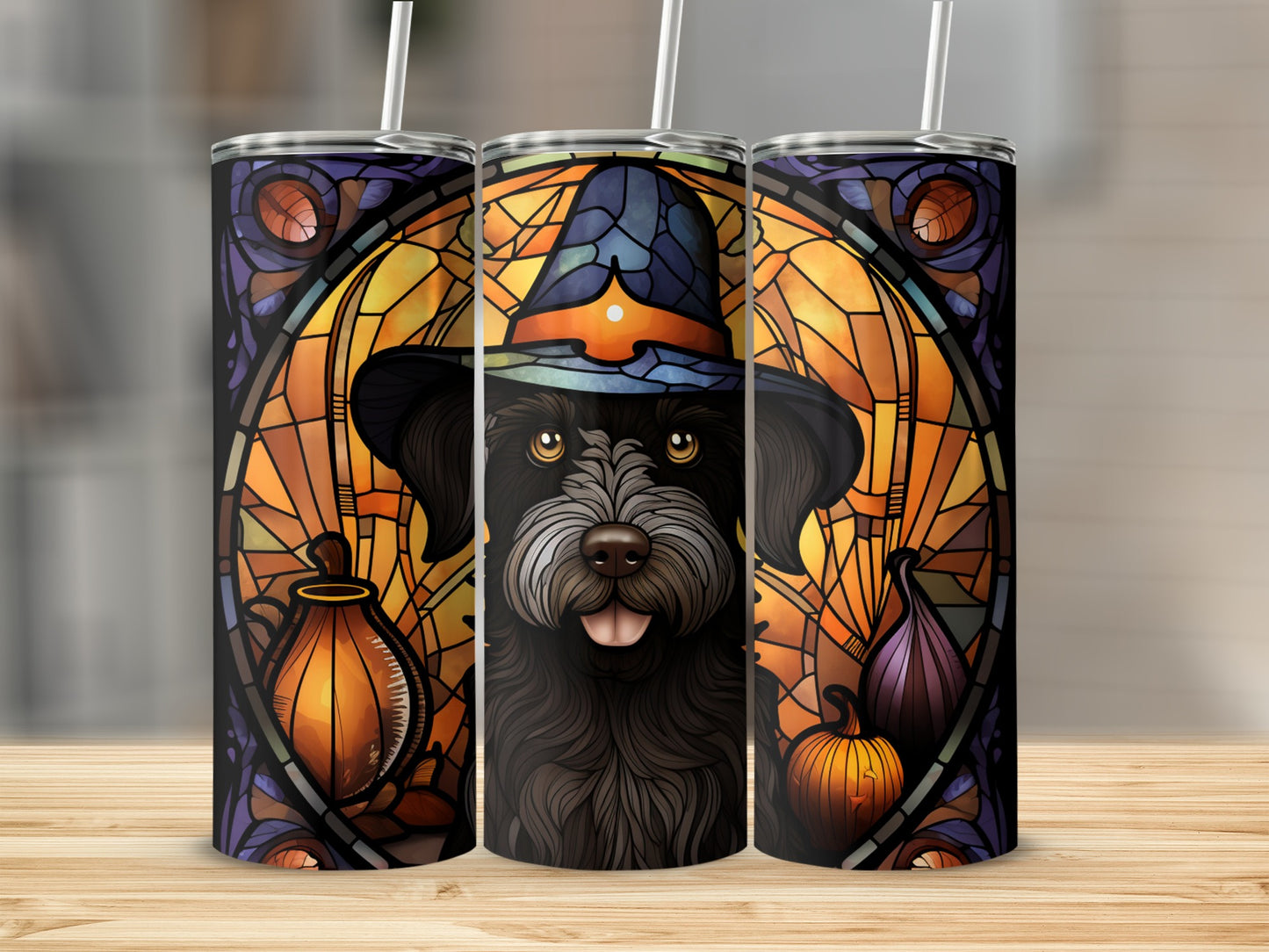 Black dog in witch hat with pumpkin and stained glass Halloween background.
