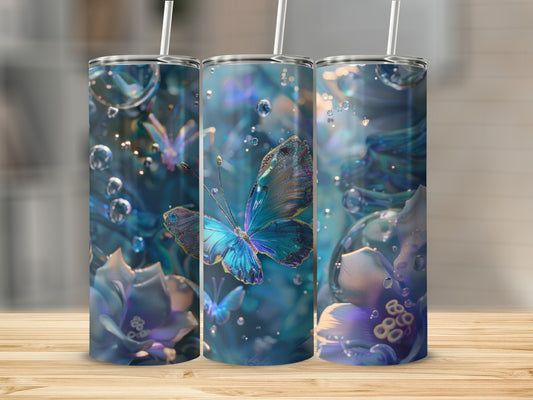Three tumblers with iridescent butterfly and floral designs.