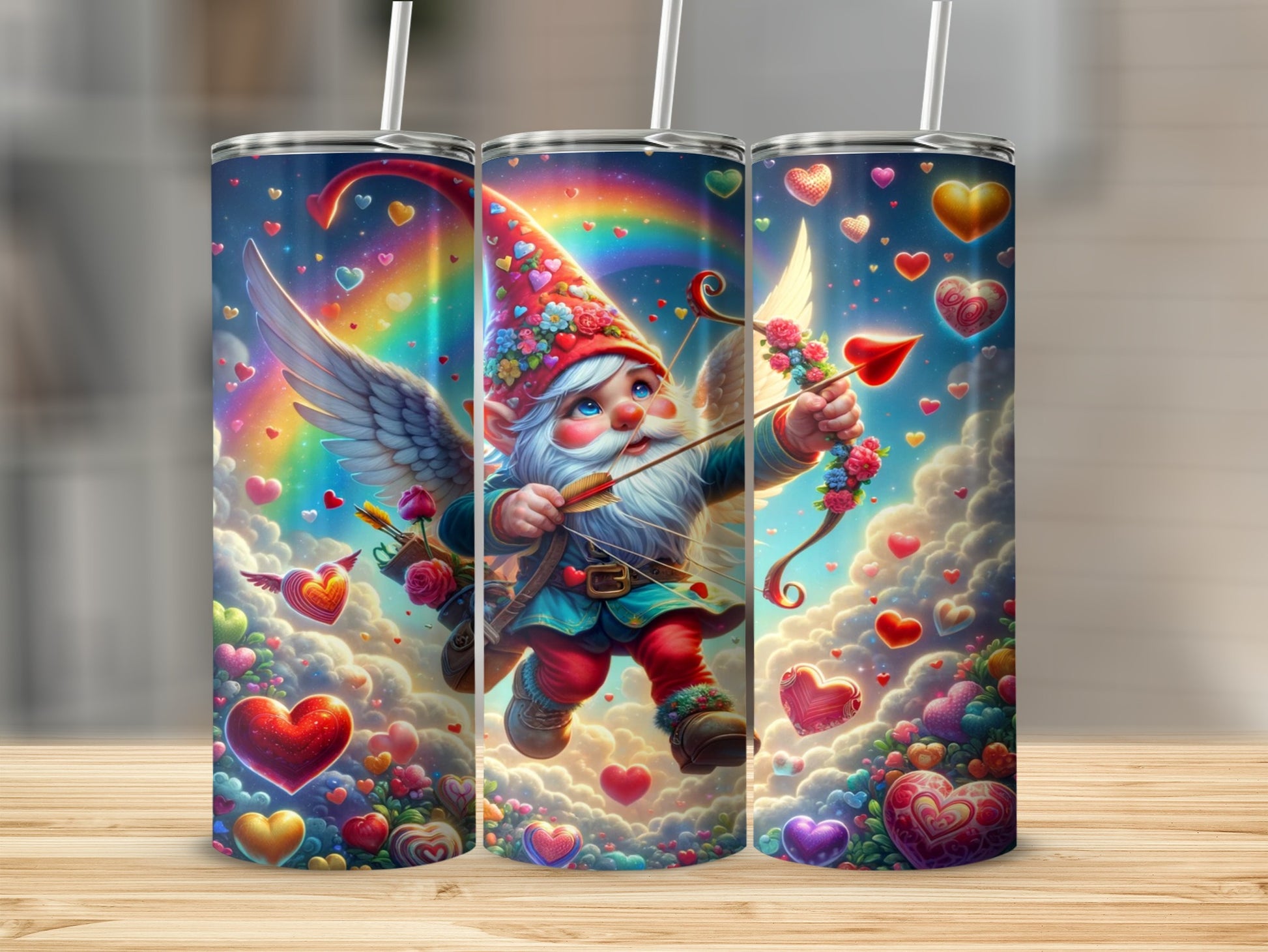 Cute Cupid Gnome with Rainbow Hearts Tumbler Product