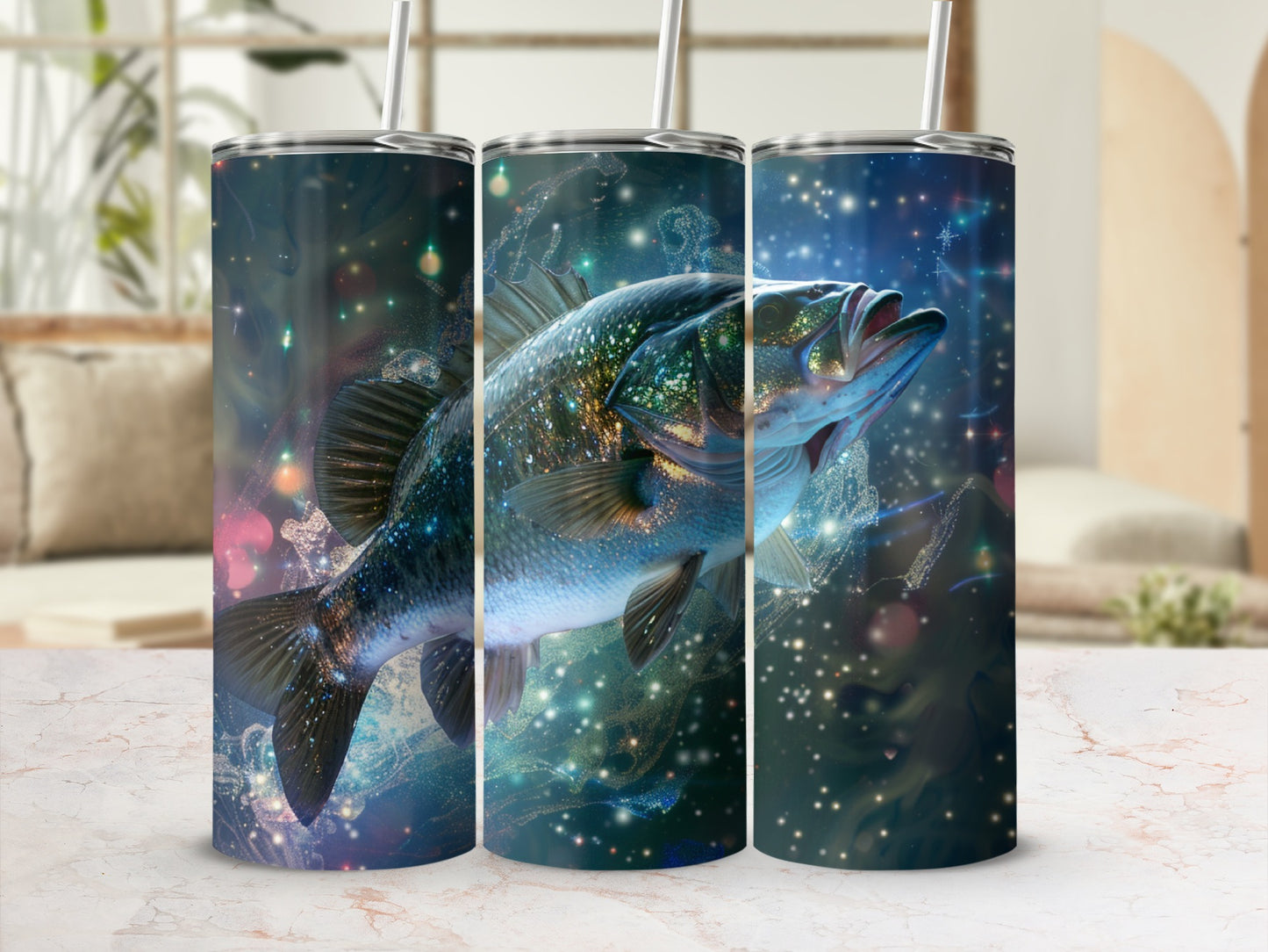 Triptych of a largemouth bass leaping from a starry, nebula-like background.