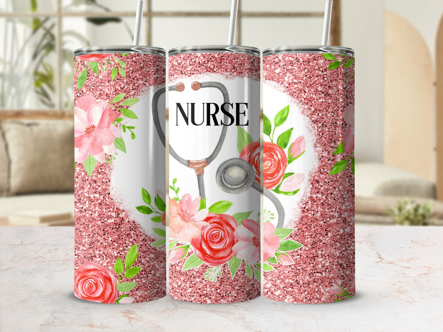 Pink glitter tumbler with stethoscope and floral design, text "Nurse".
