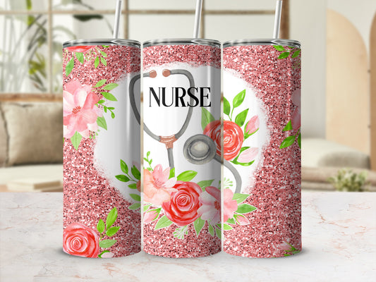 Pink glitter tumbler with stethoscope and floral design, text "Nurse".