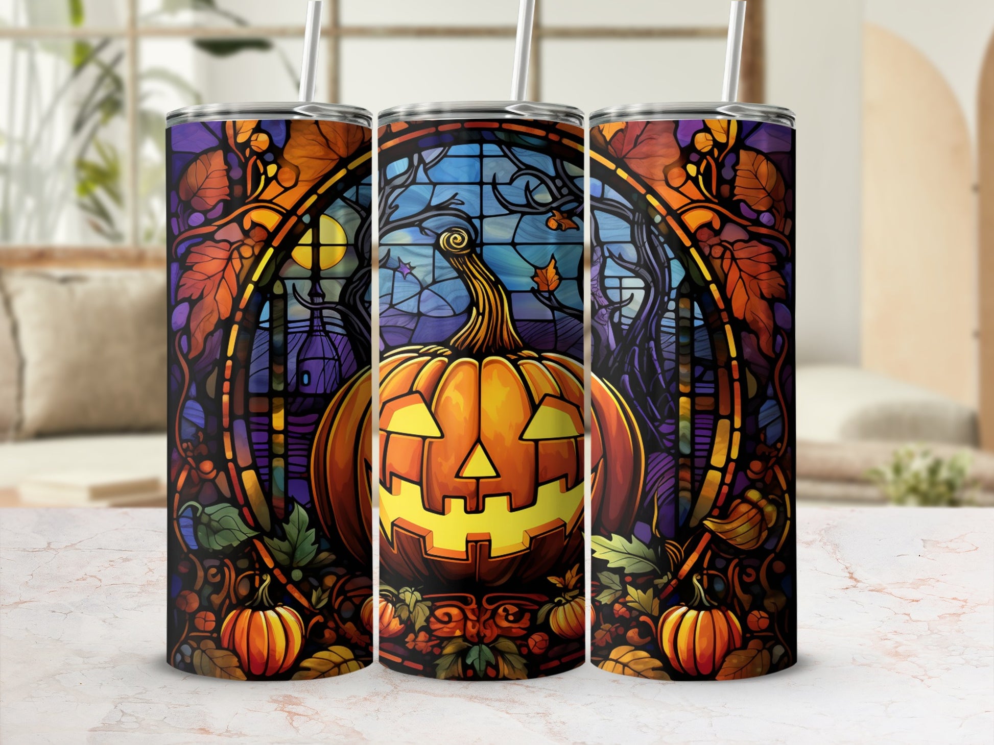 Stained glass tumbler design featuring a jack-o'-lantern and autumn foliage.