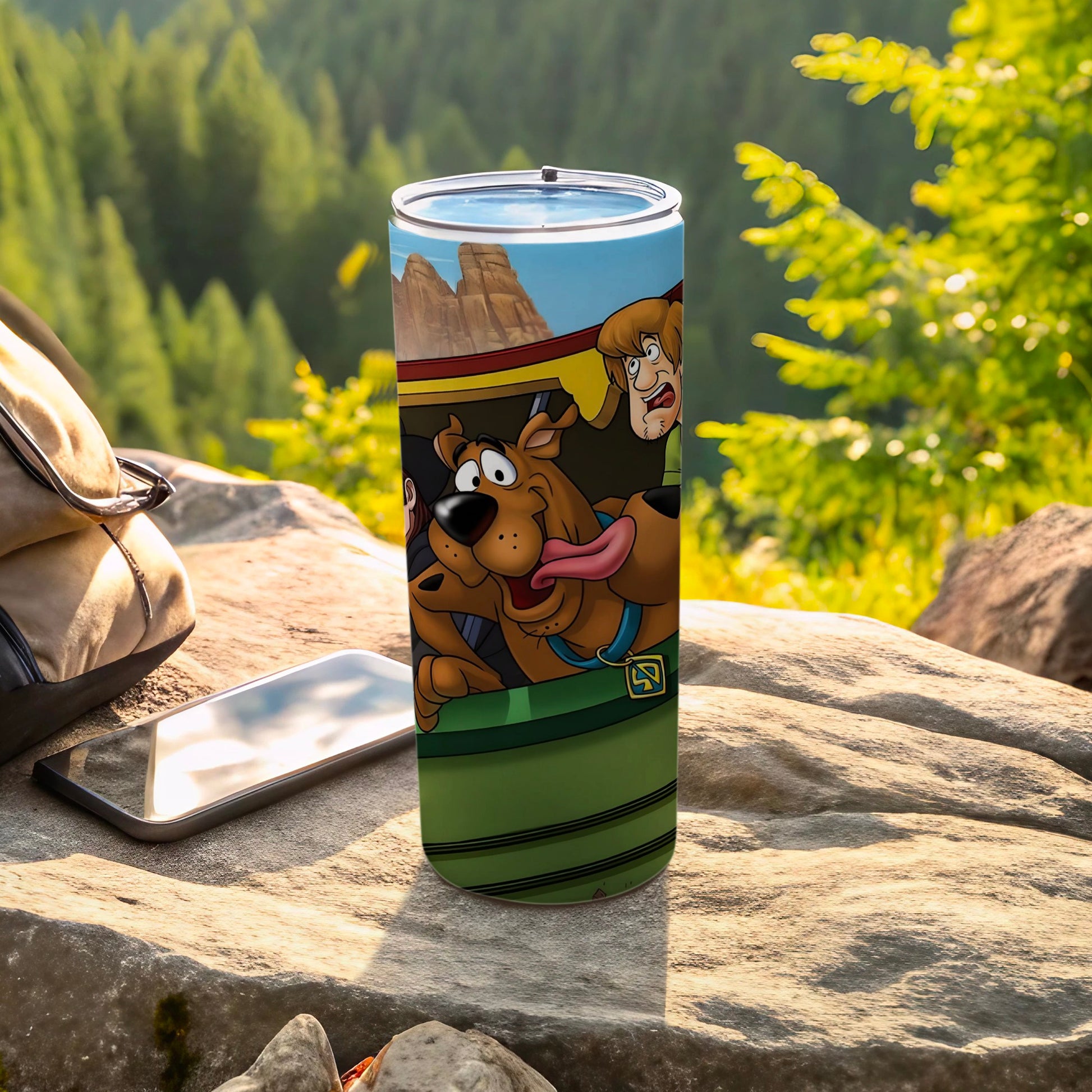 Scooby-Doo and Shaggy in the Mystery Machine on a tumbler.