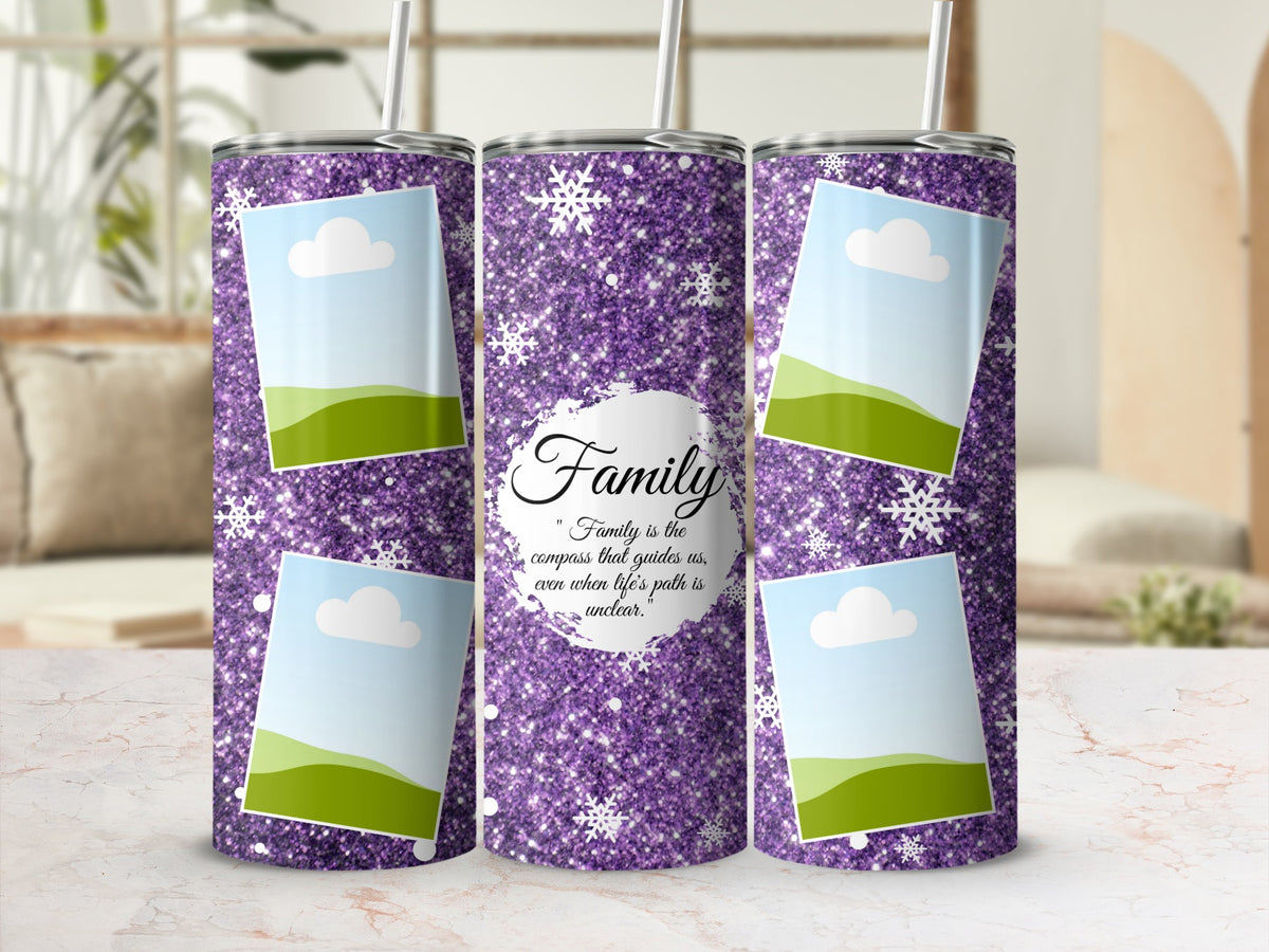 Purple glitter tumbler with snowflakes, photo placeholders, and "Family" quote.