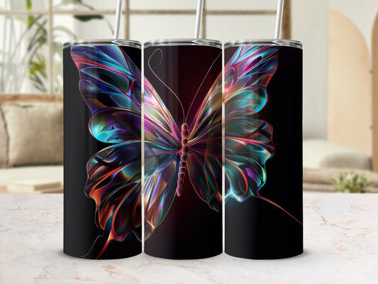 Triptych of tumblers featuring iridescent butterfly wings on black.