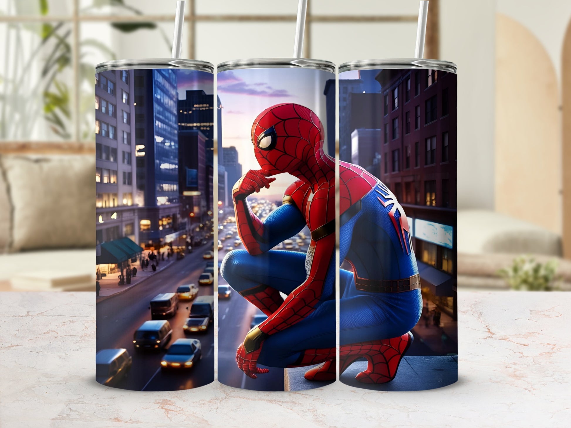 Spiderman crouching on a city rooftop, city lights and cars below.