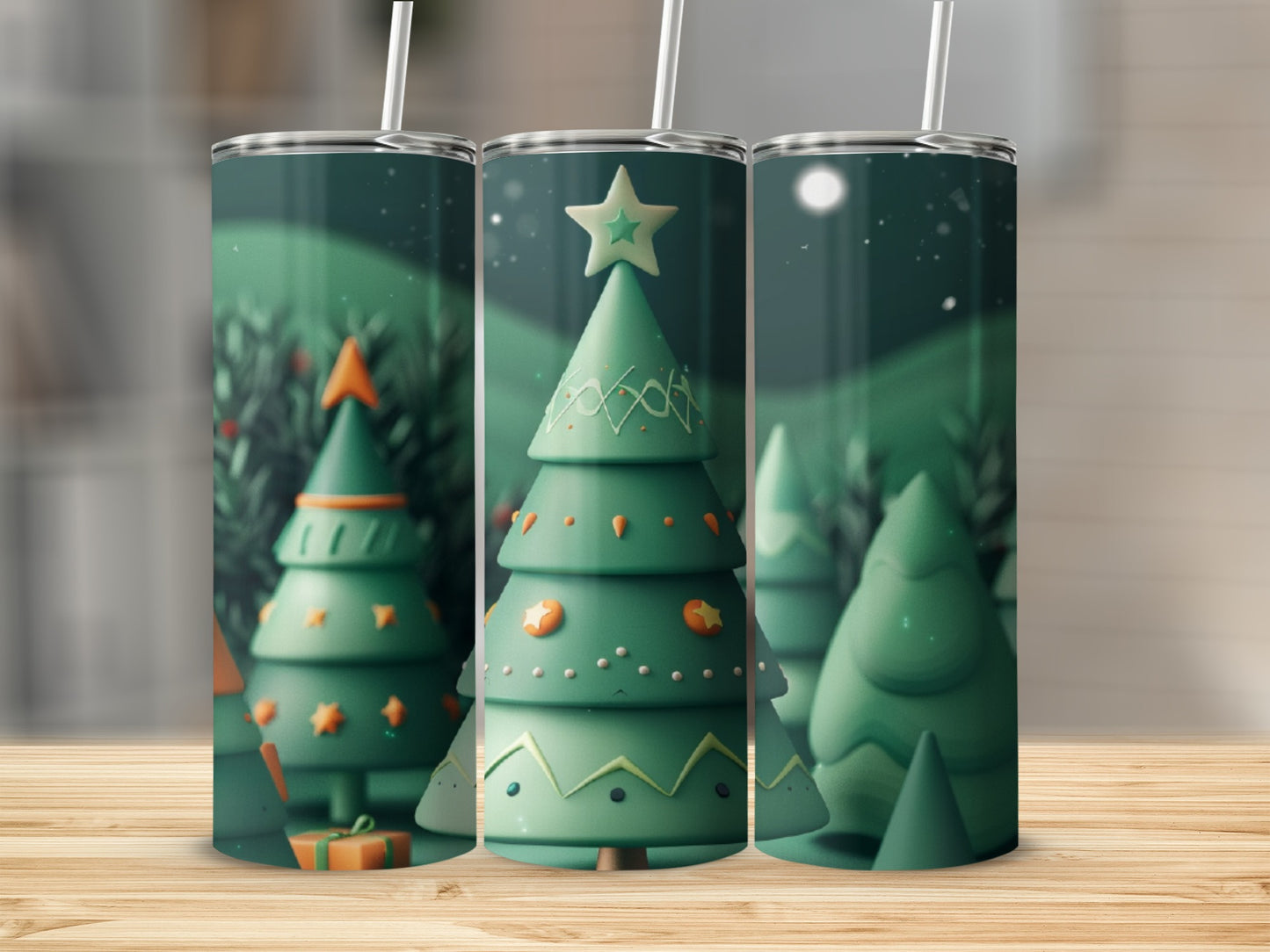 Three festive green Christmas trees with decorations and a starry night background.