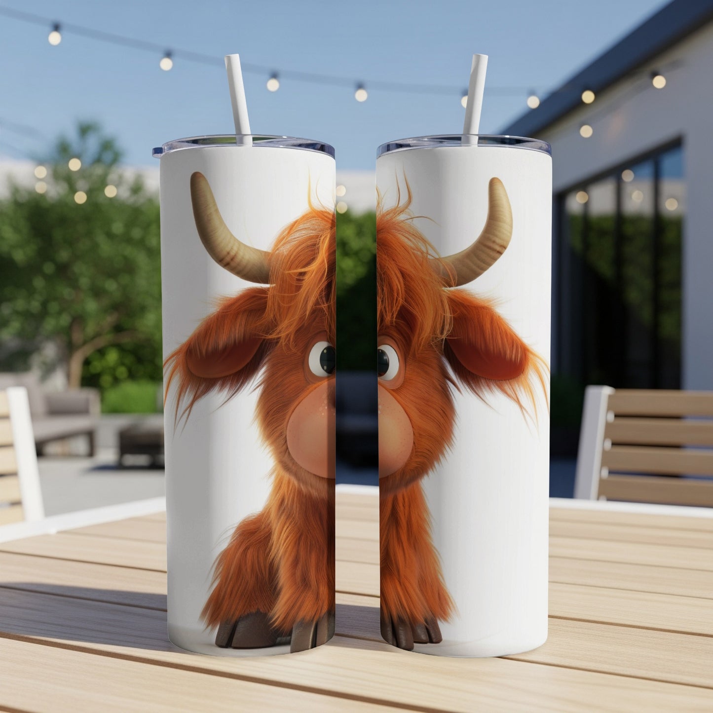 Two tall white tumblers with a cartoon Highland cow design.