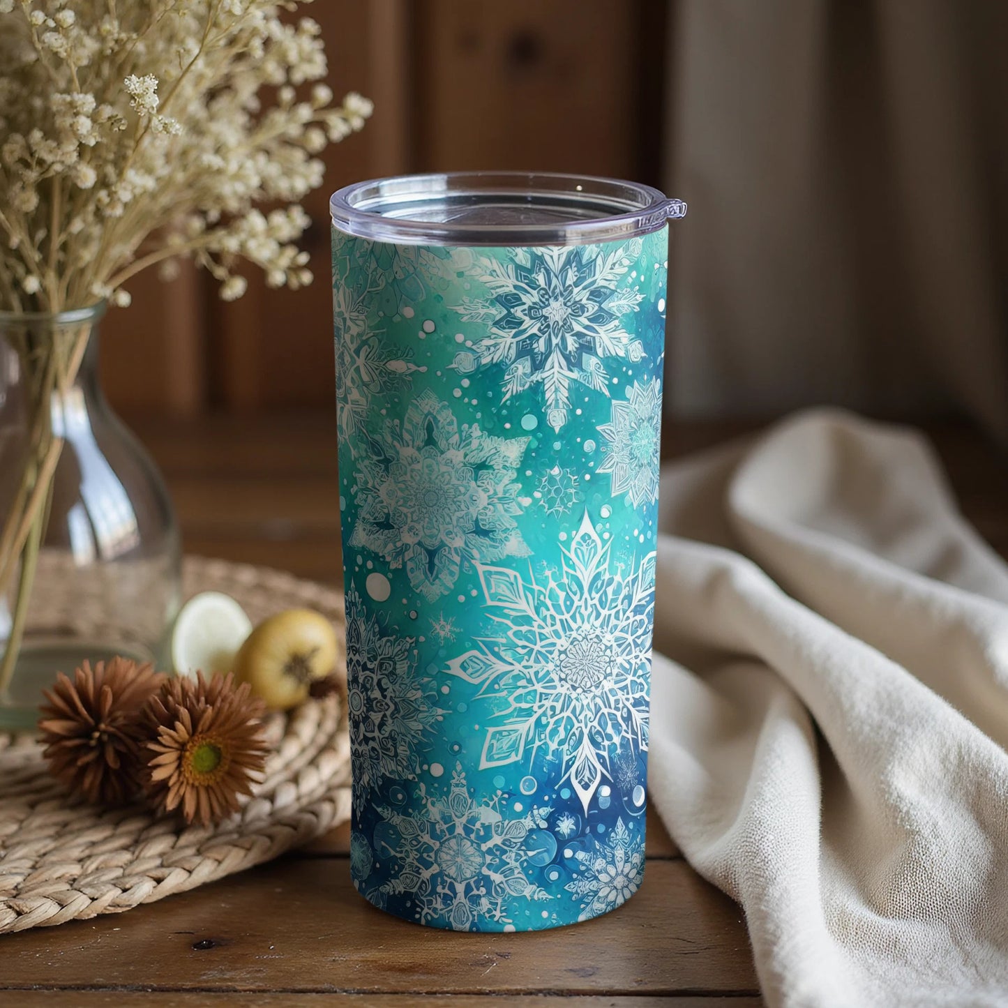 Snowflake Patterned Tumbler with Blue Background