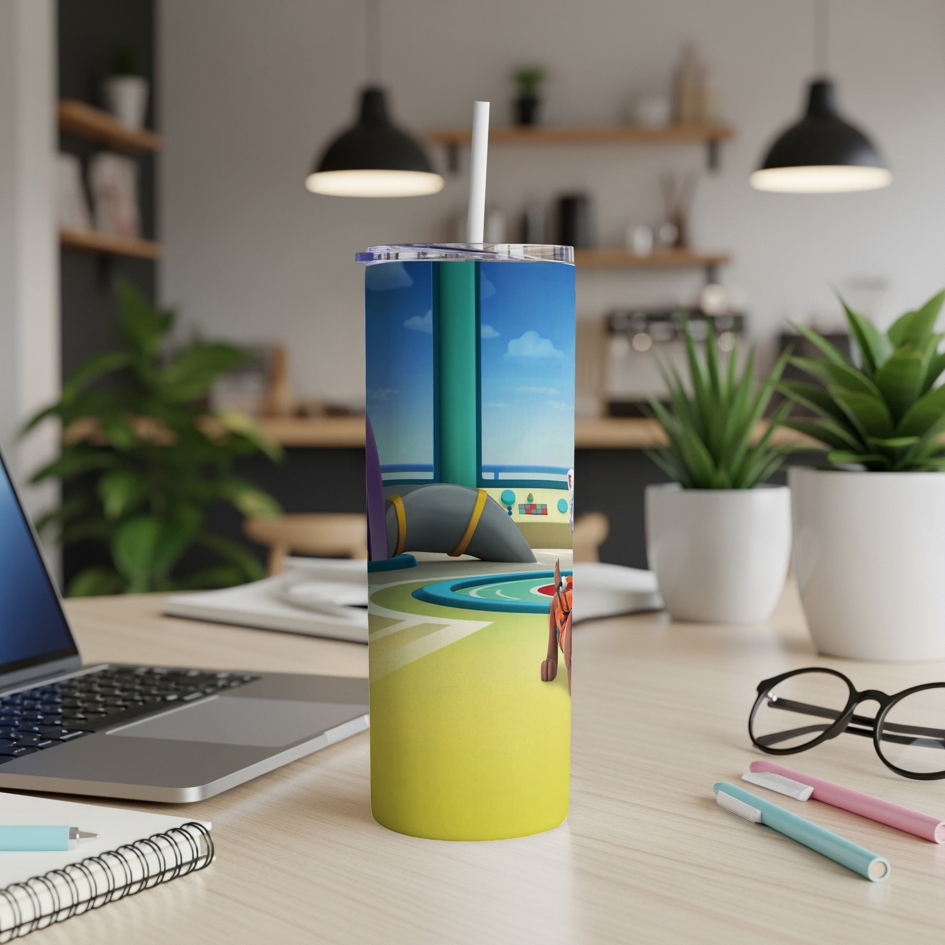 Paw Patrol tumbler with characters on a colorful background.