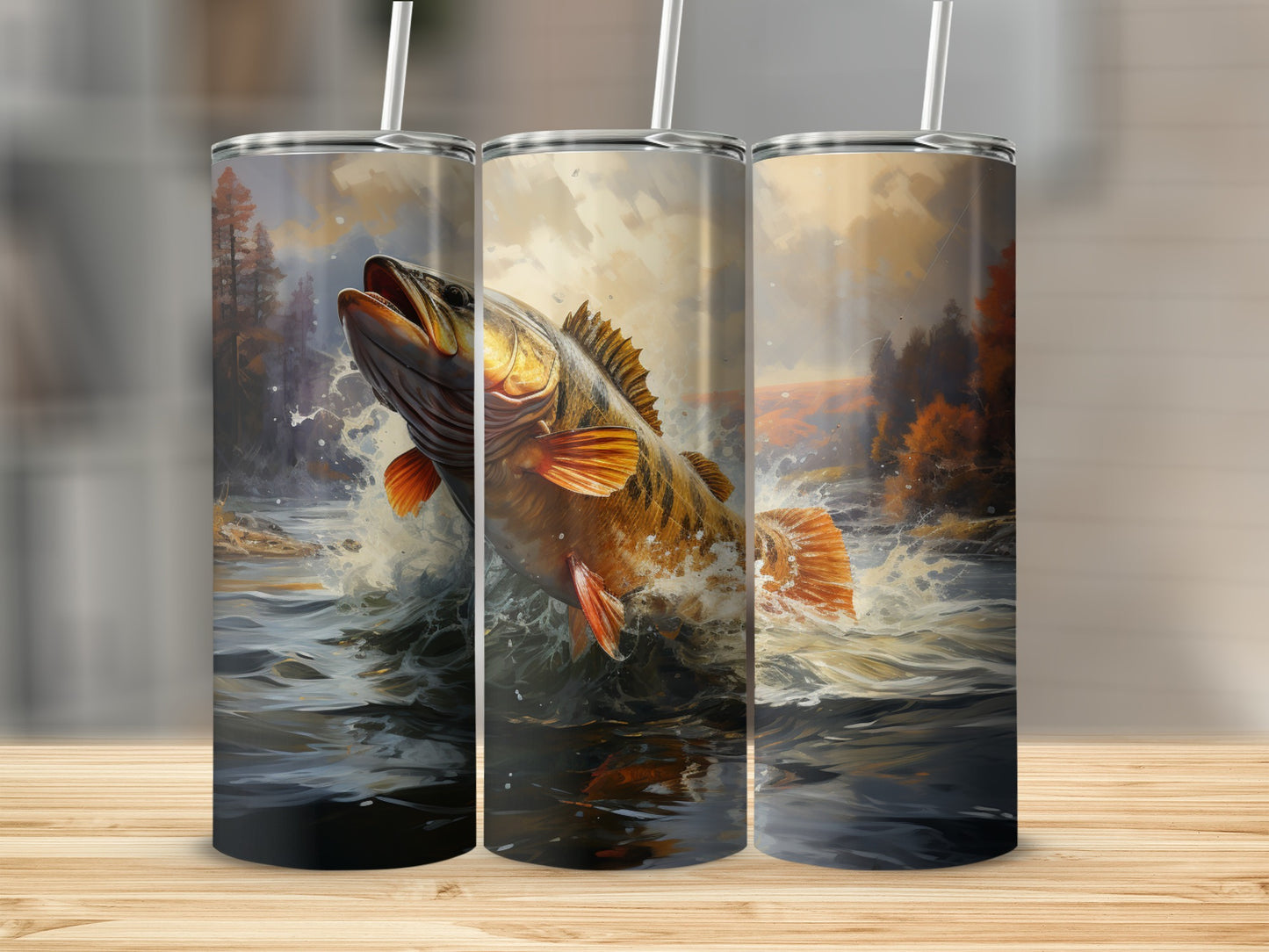 Jumping fish illustration on three tumblers with straws.