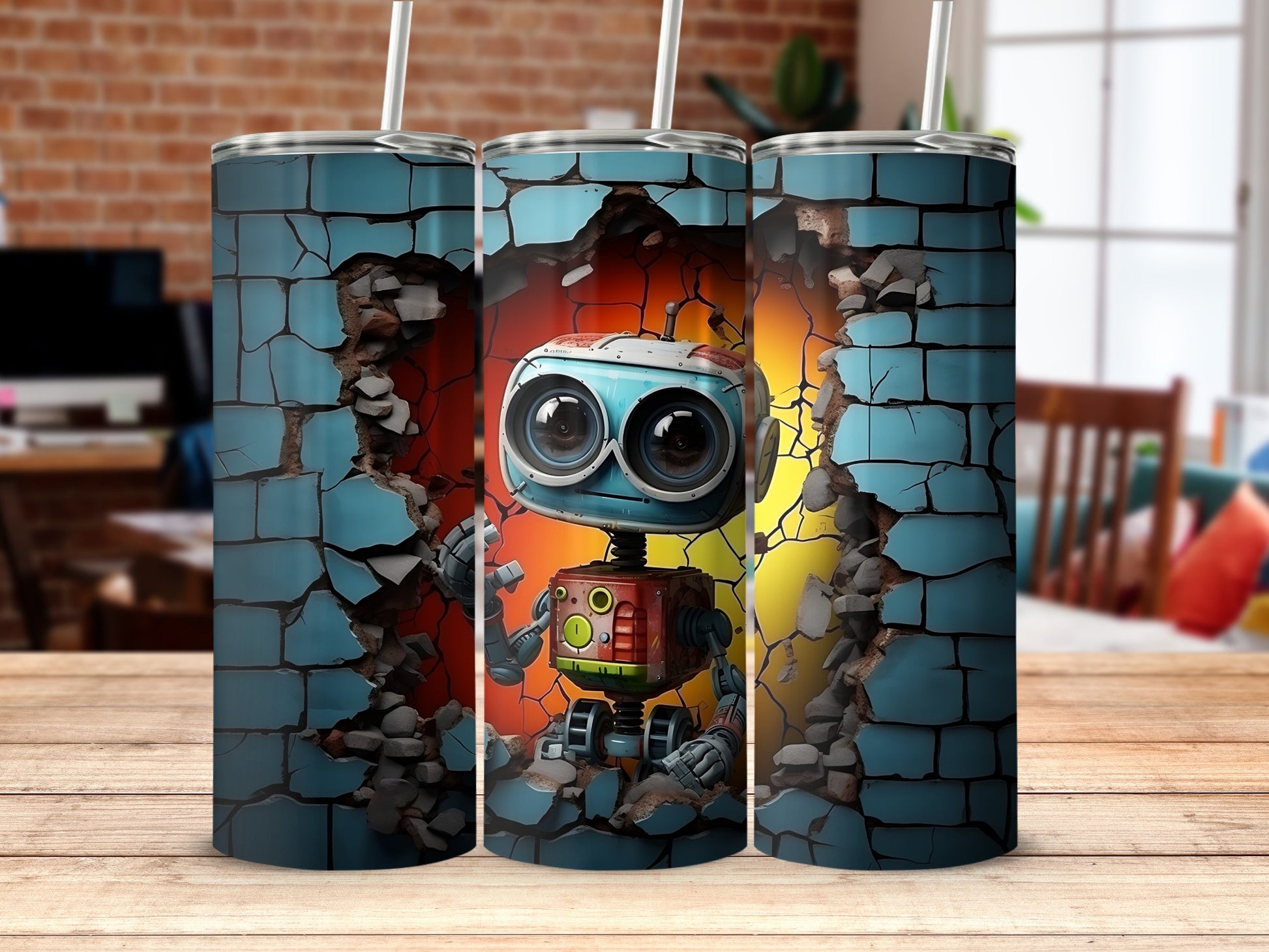Adorable Robot Illustration on Cracked Wall Tumbler
