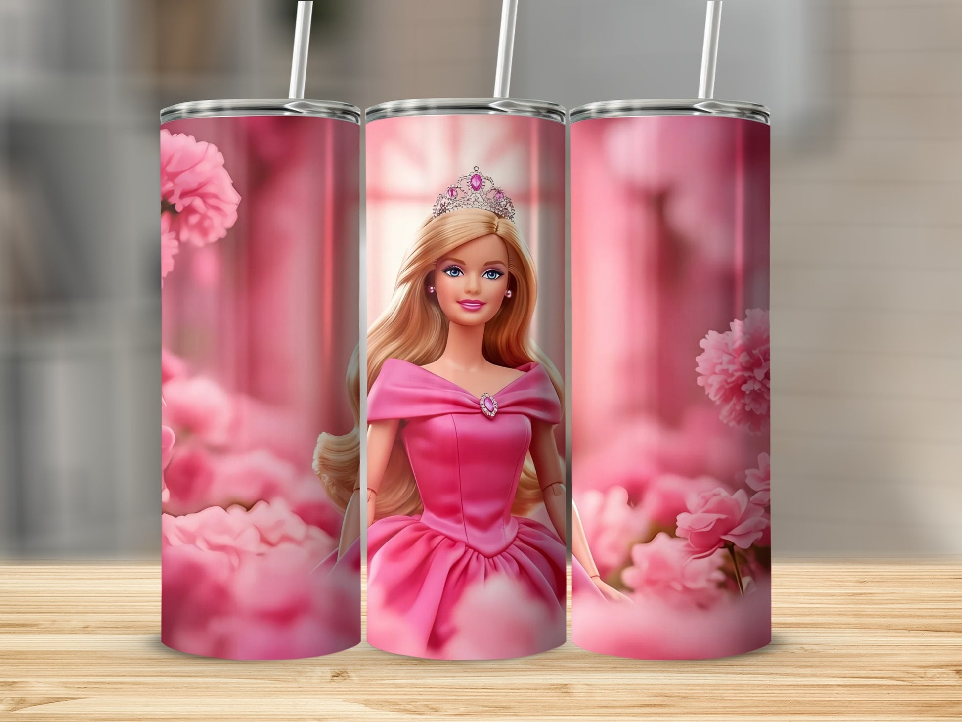 Pink Princess Themed Barbie Tumbler with Straw Attachment