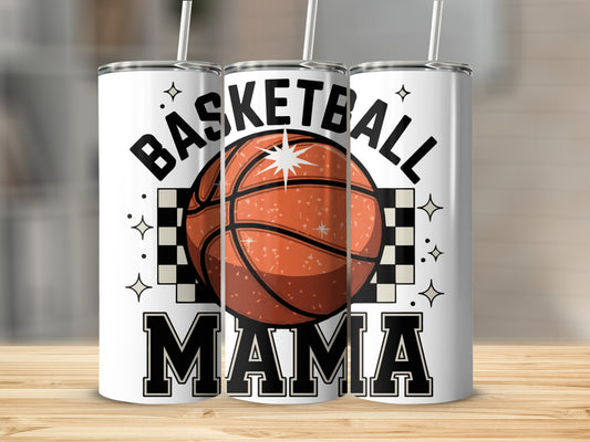 Basketball Mama tumbler with basketball and checkered pattern.