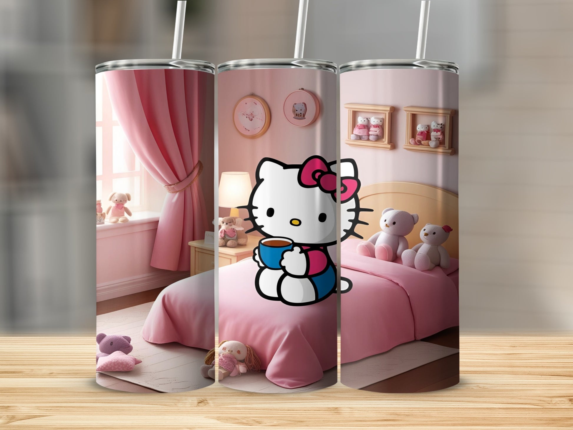 Hello Kitty holding a mug in a pink bedroom with stuffed animals.