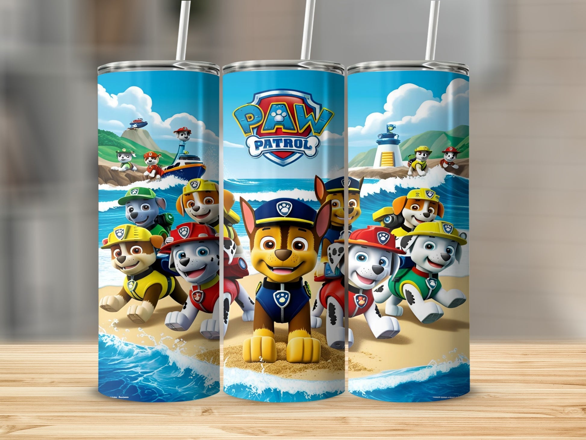 Paw Patrol characters on a beach with a lighthouse and ocean waves.