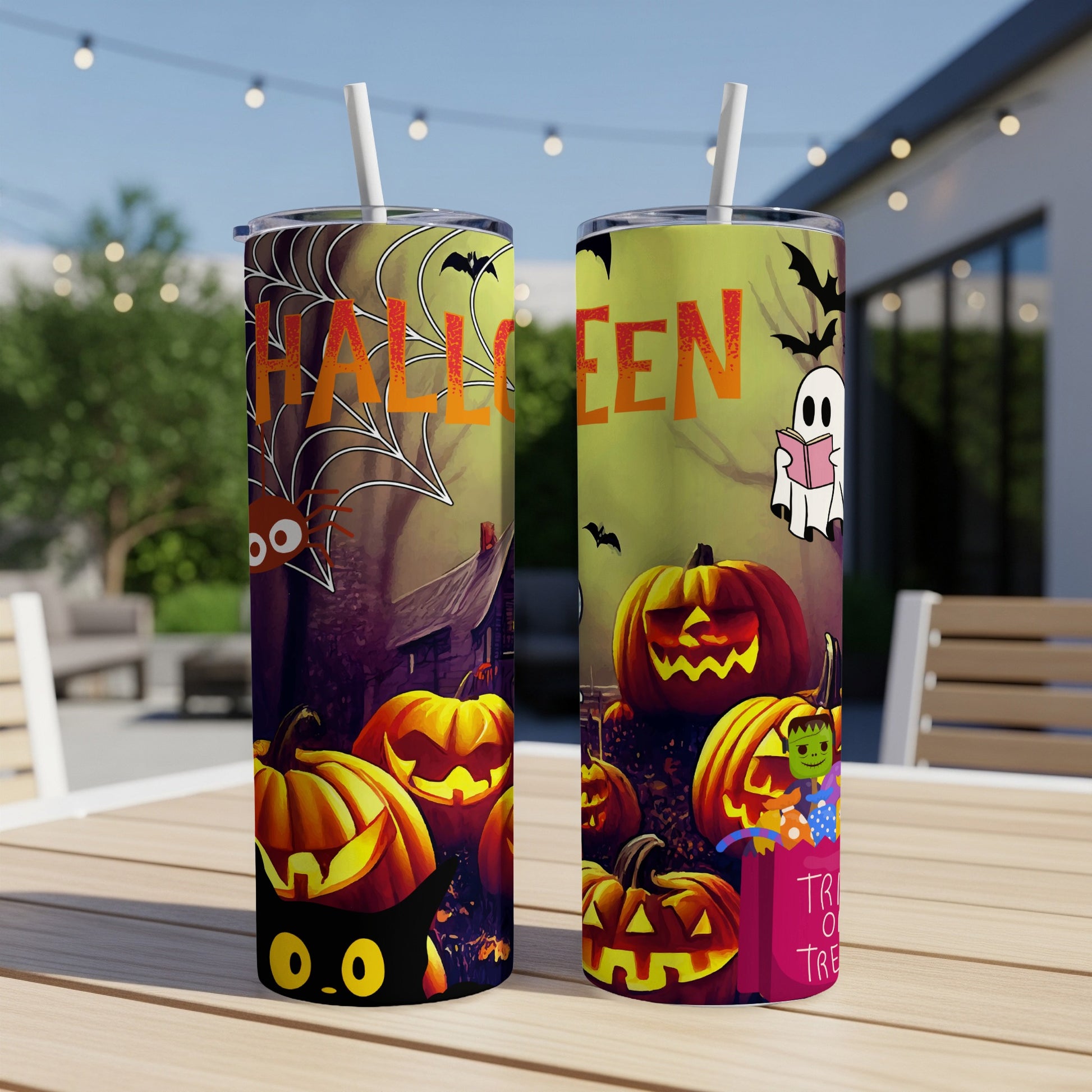 Halloween tumblers with jack-o'-lanterns, a black cat, and a trick-or-treat bag.