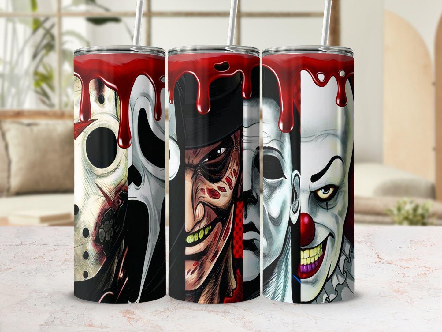 Tumbler with horror movie villains: Ghostface, Freddy Krueger, and Pennywise.