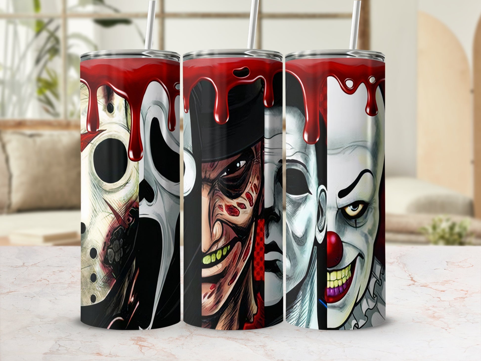 Tumbler with horror movie villains: Ghostface, Freddy Krueger, and Pennywise.