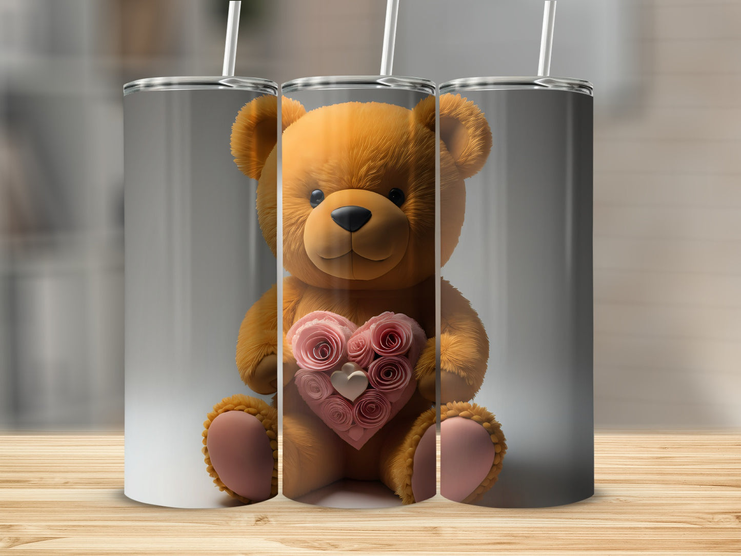 Cute Teddy Bear with Heart Design on Insulated Tumbler