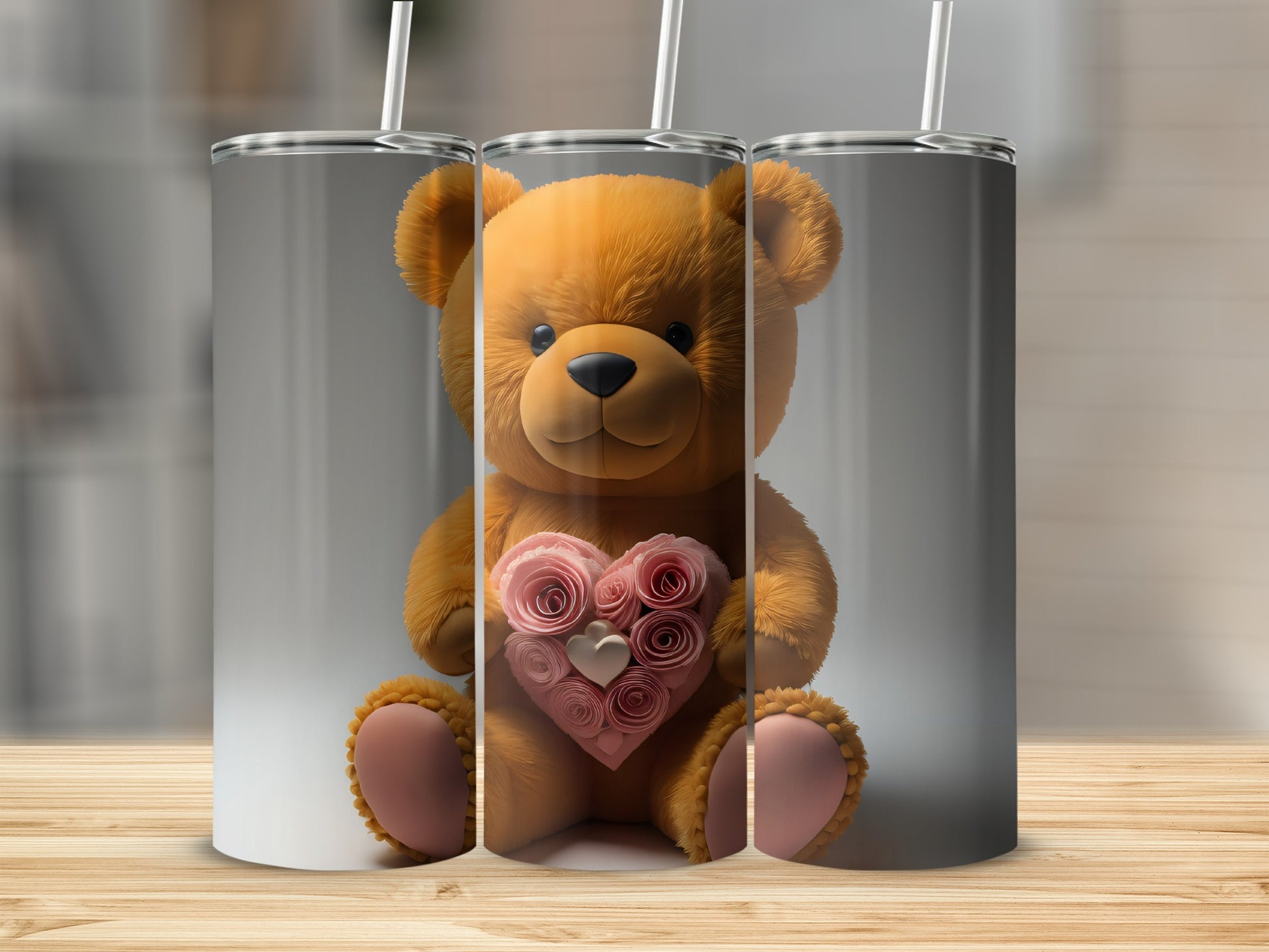 Cute Teddy Bear with Heart Design on Insulated Tumbler