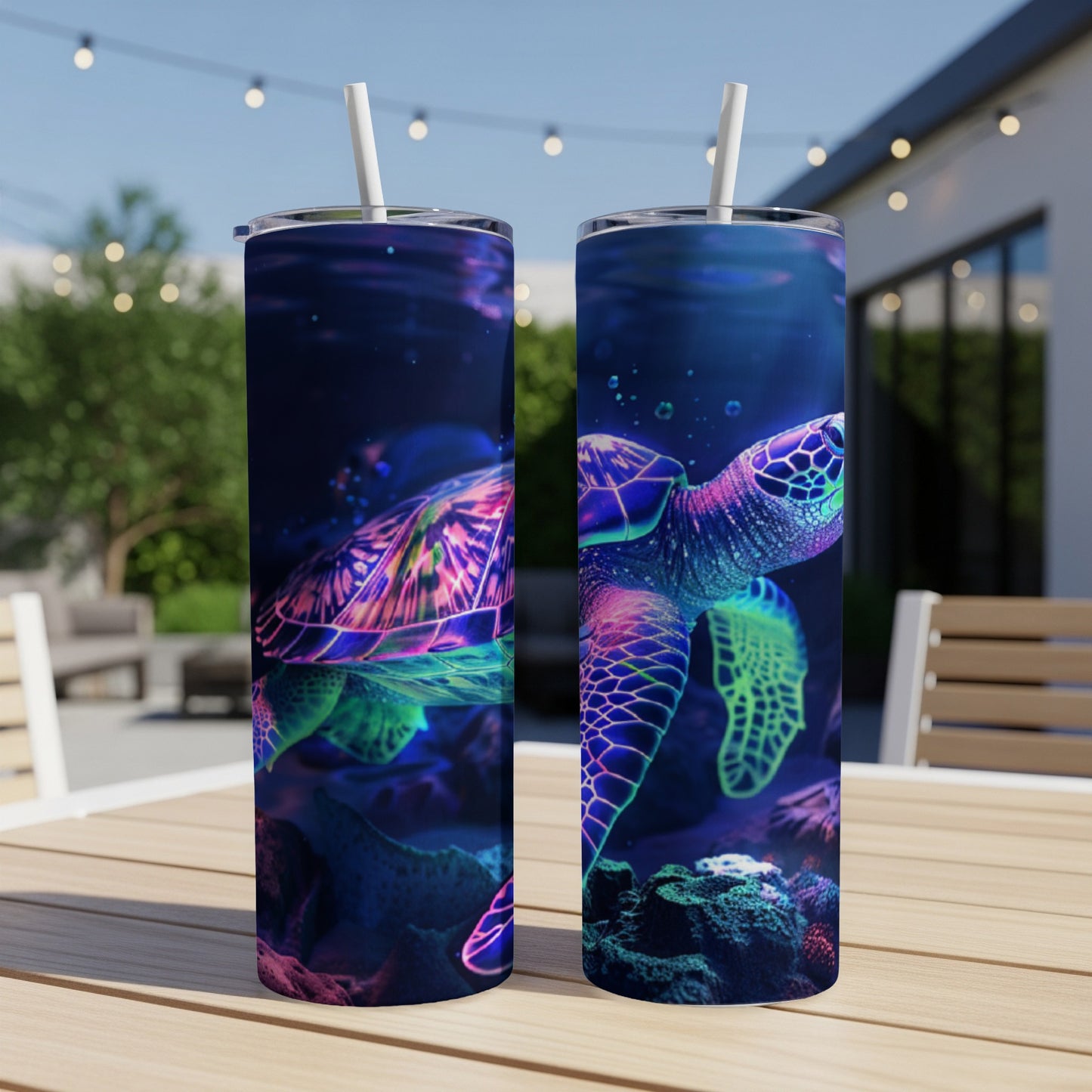 Two tumblers with glowing sea turtles and coral designs.