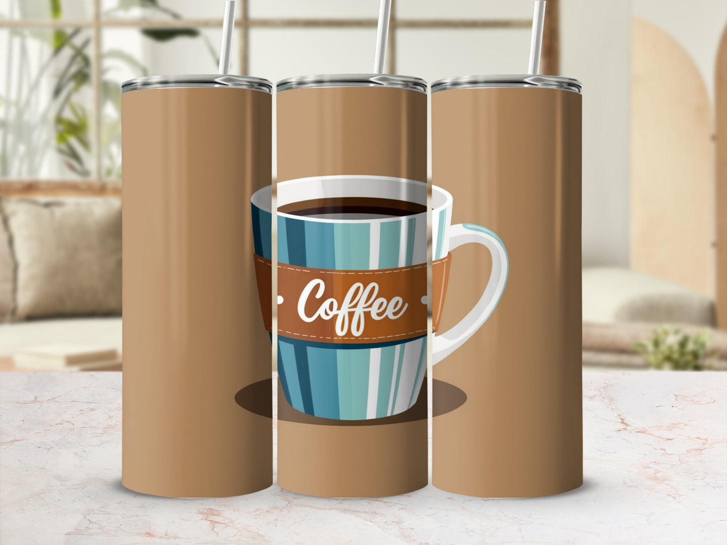 Three brown tumblers, one with a striped coffee cup graphic.