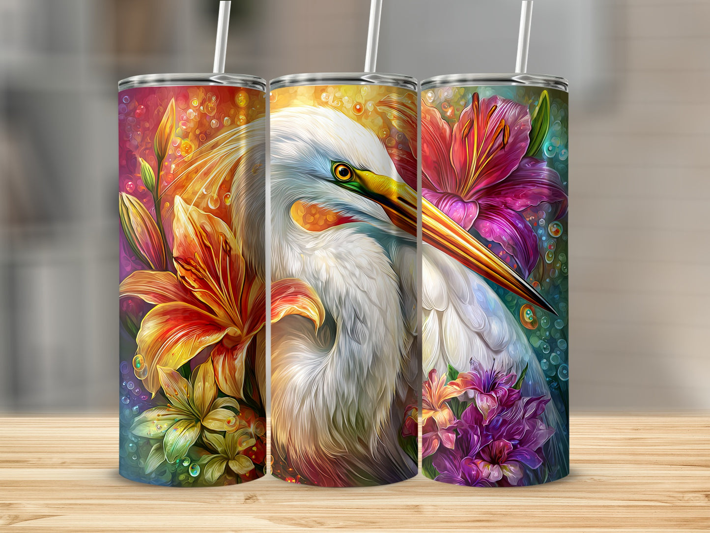 Colorful Floral Heron Design Insulated Tumbler Product