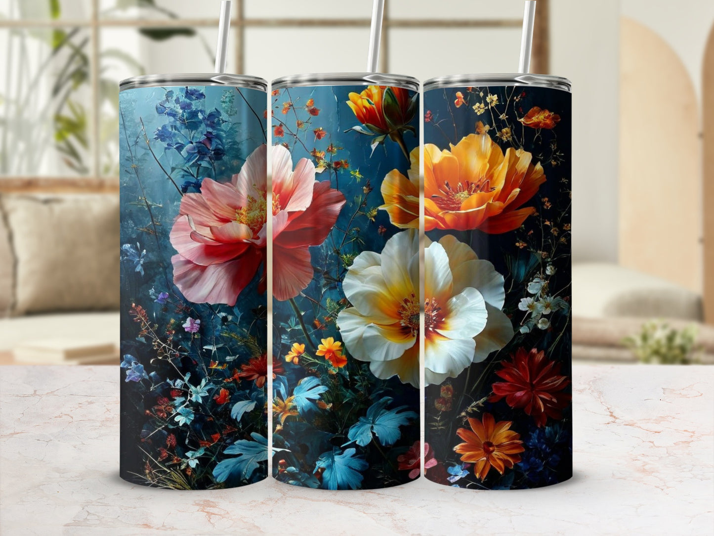 Three floral tumblers with vibrant, detailed blossoms against a dark blue background.