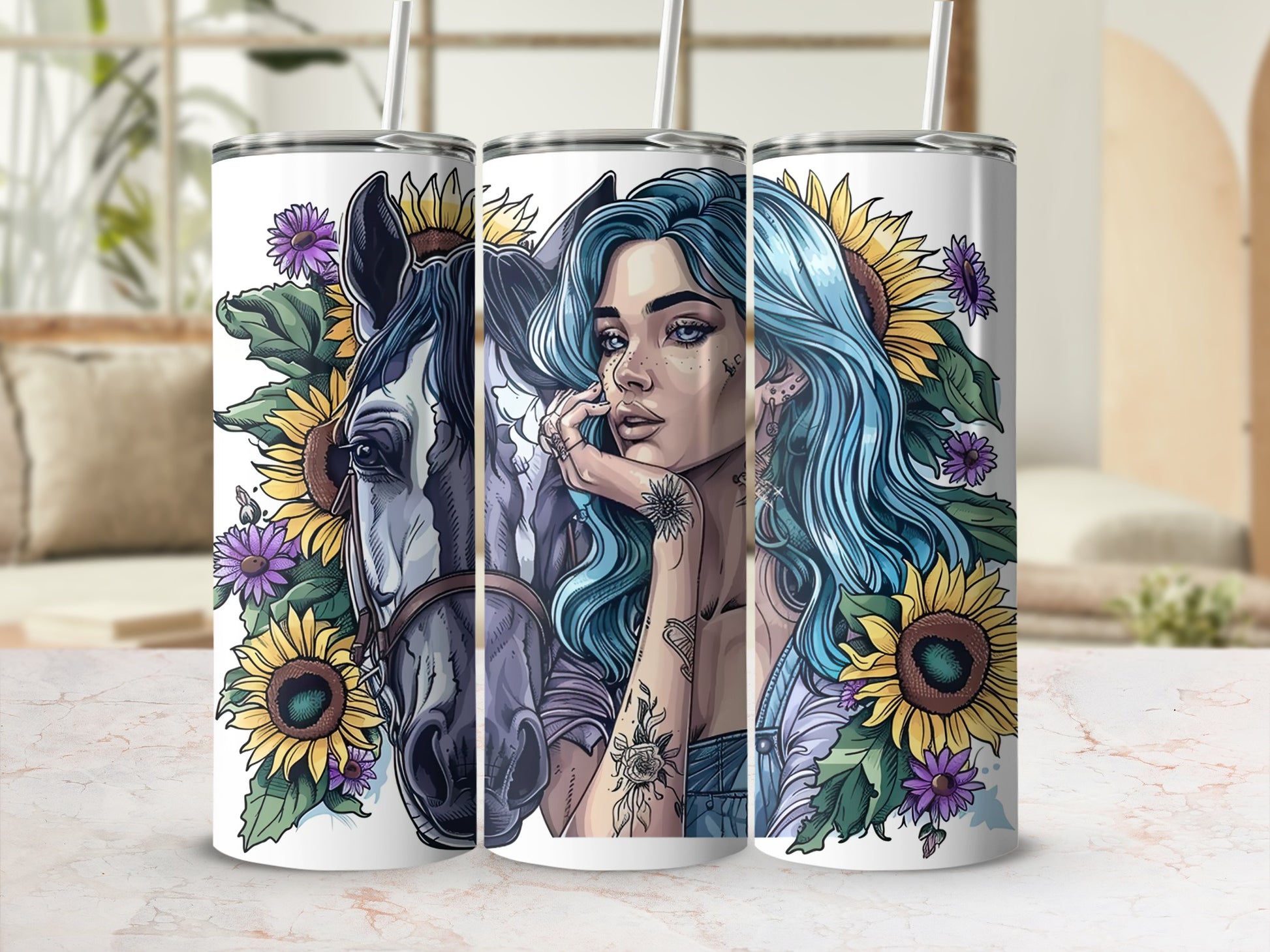 Tumbler with a horse, woman with blue hair, and sunflowers.
