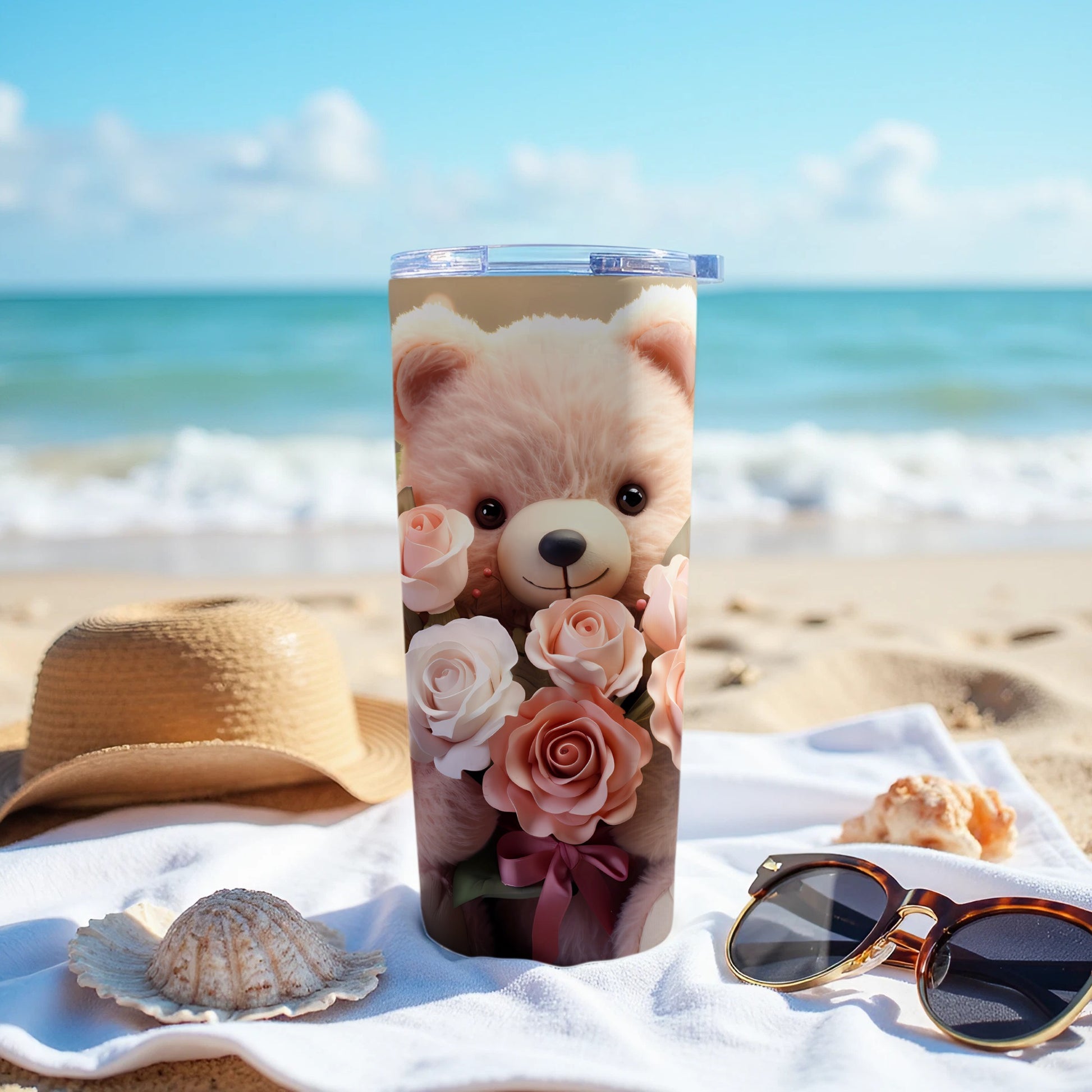 Cute Teddy Bear Roses Beach Scene Tumbler product type