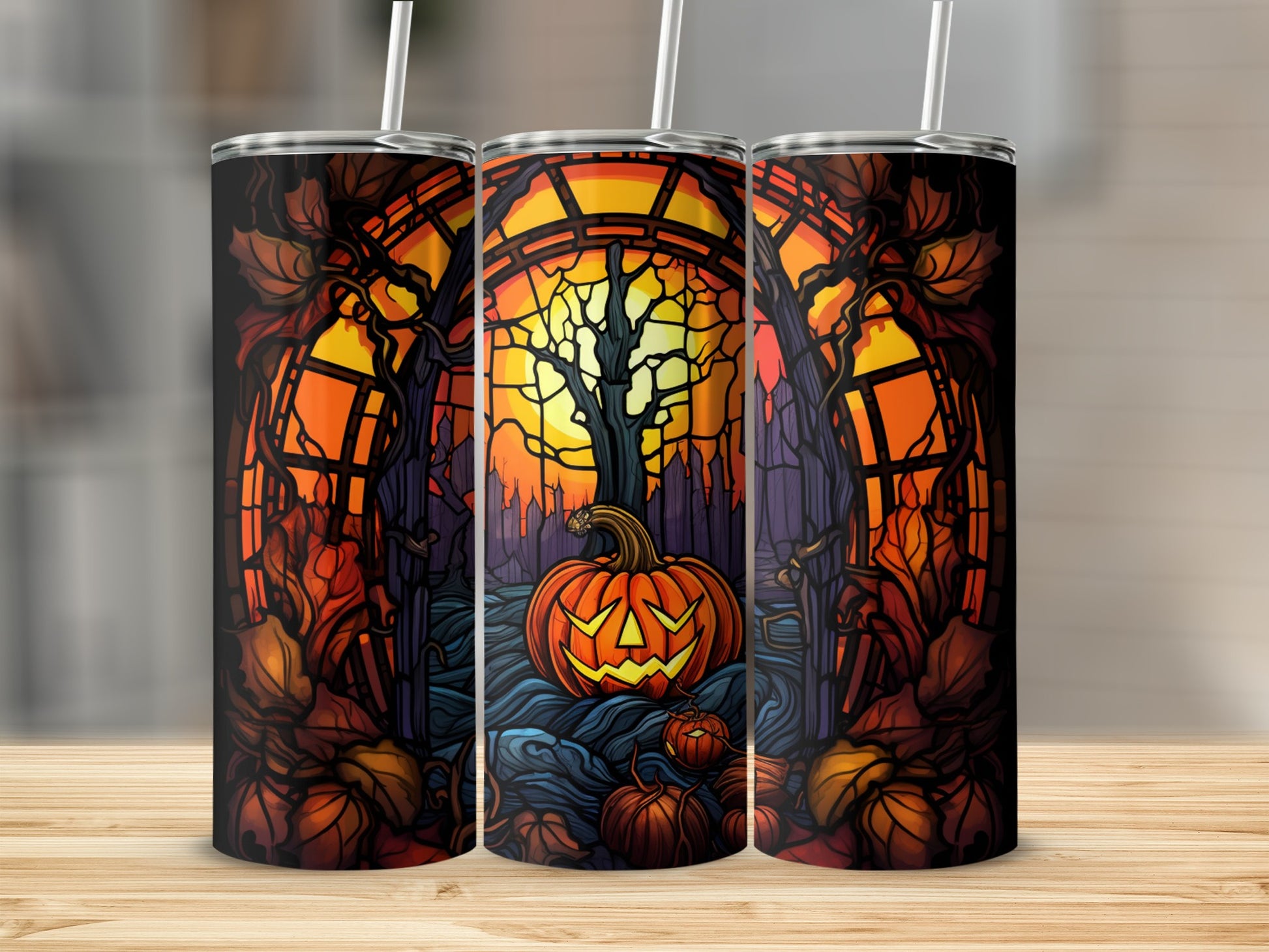 Halloween tumbler with jack-o'-lantern, spooky trees, and autumn leaves.