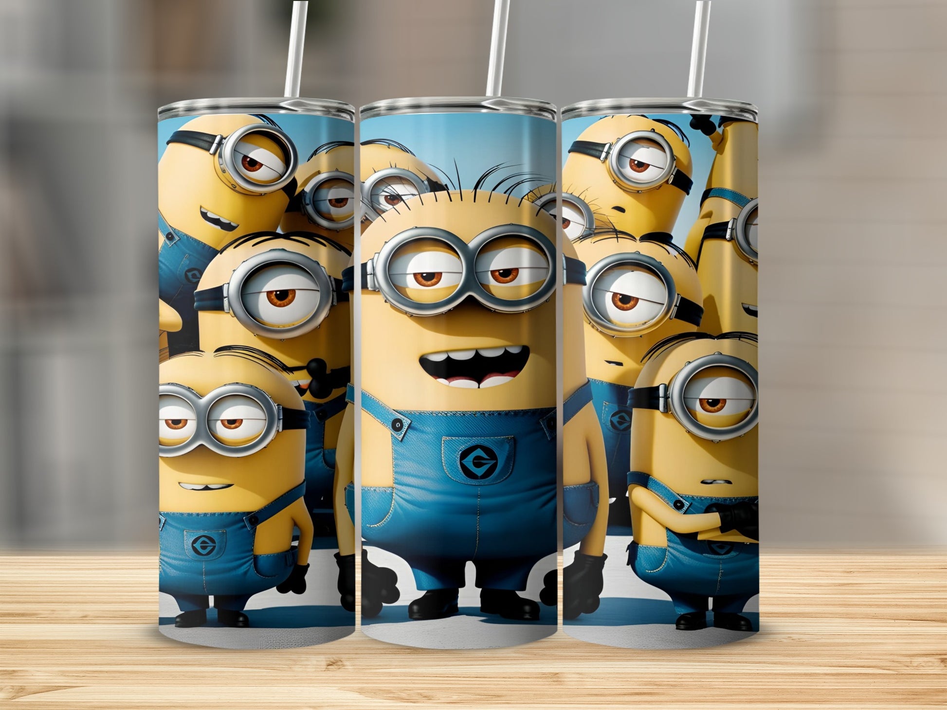 Three Minion characters in blue overalls stand together.