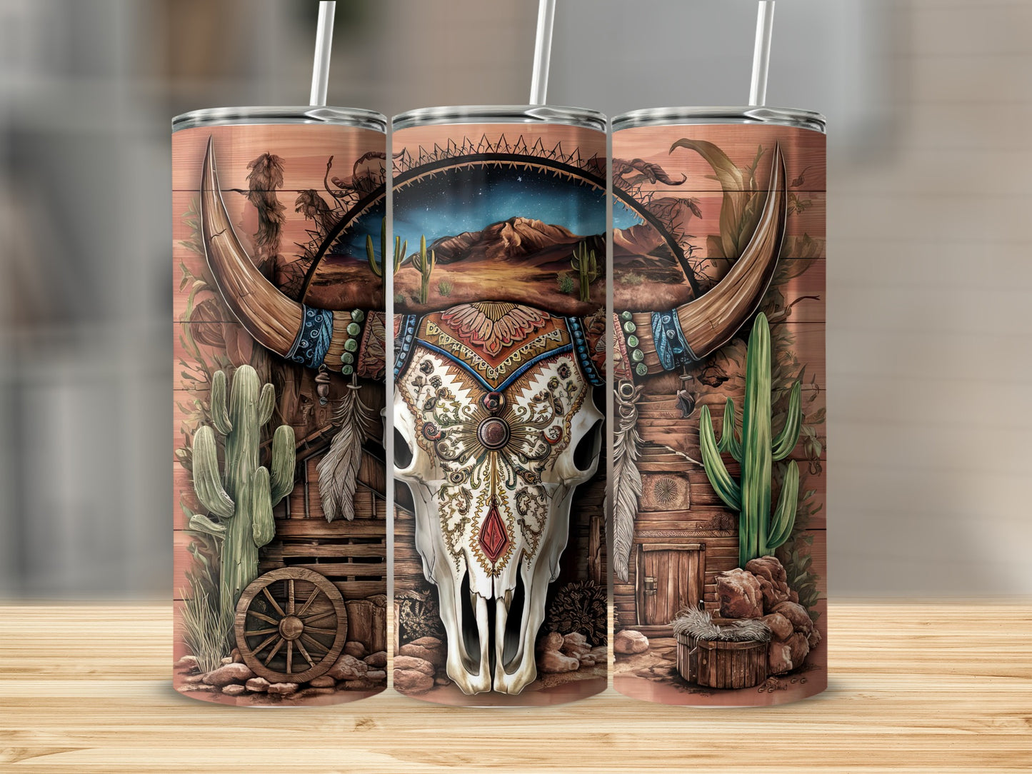 Western-themed tumbler with bull skull, cacti, desert landscape, and wood texture.