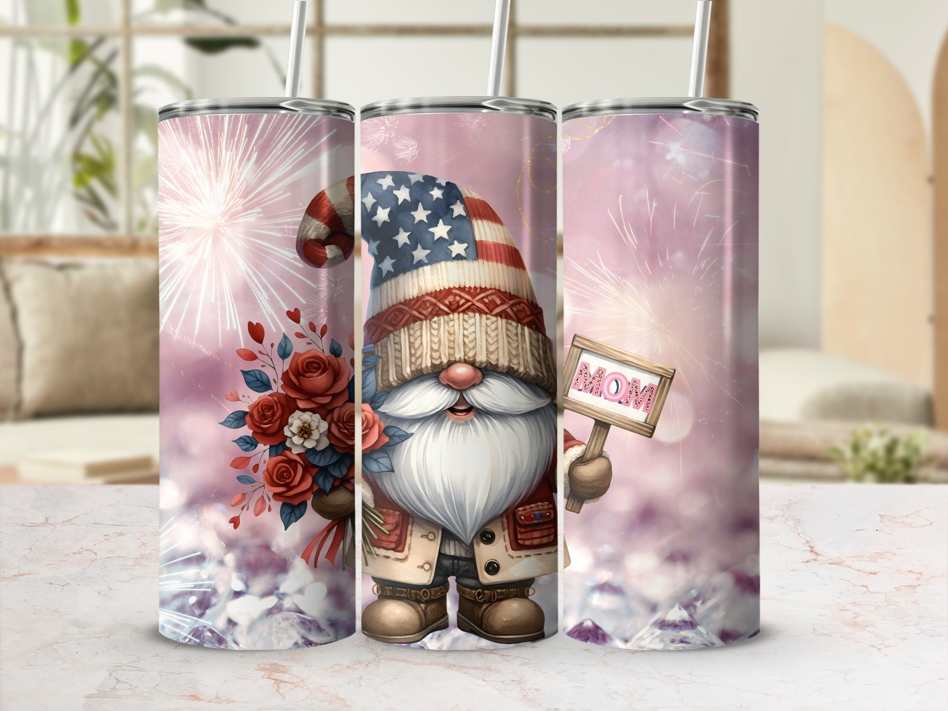 Patriotic Gnome Mom Tumbler with Flowers and Fireworks