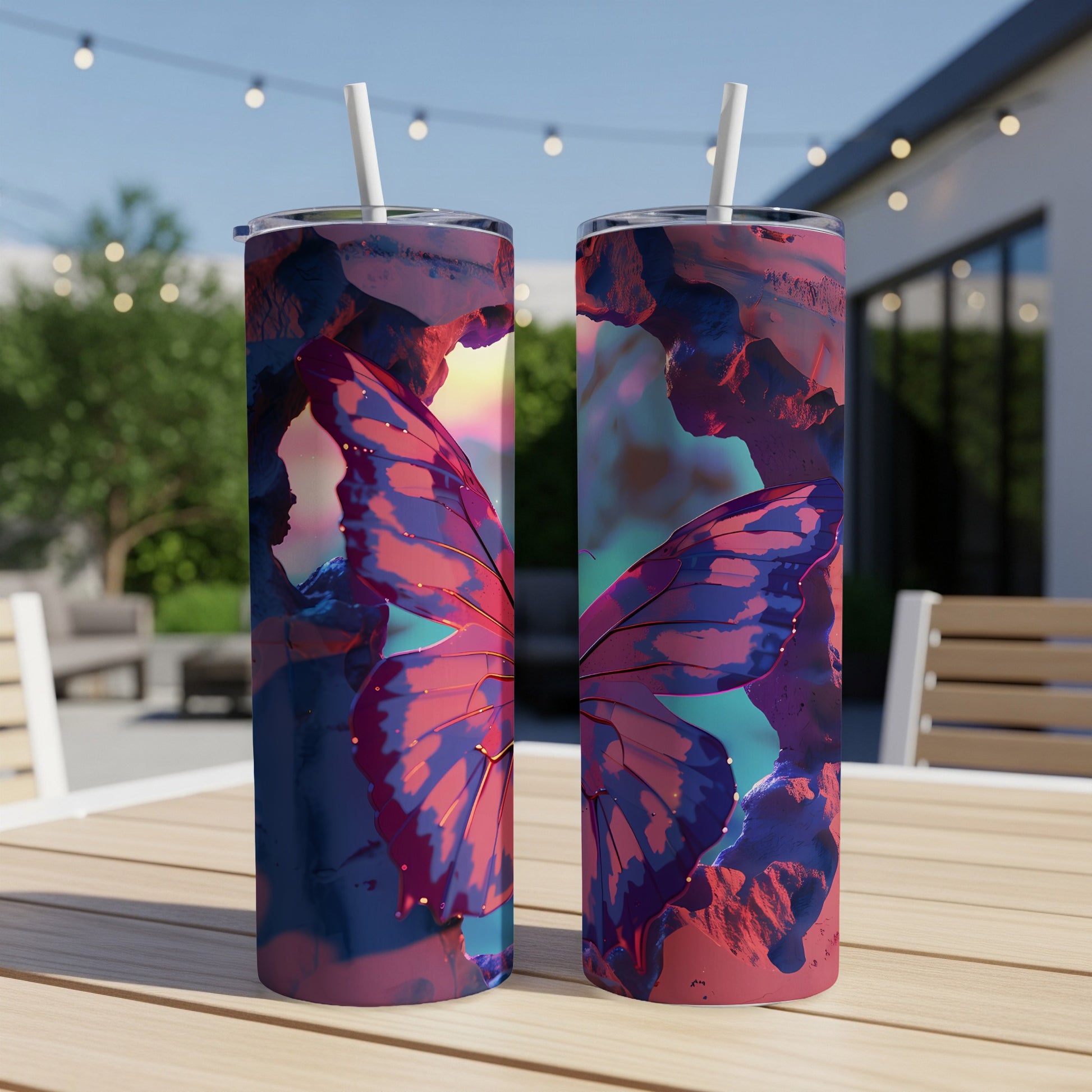 Two tumblers with iridescent butterfly wing design on outdoor table.