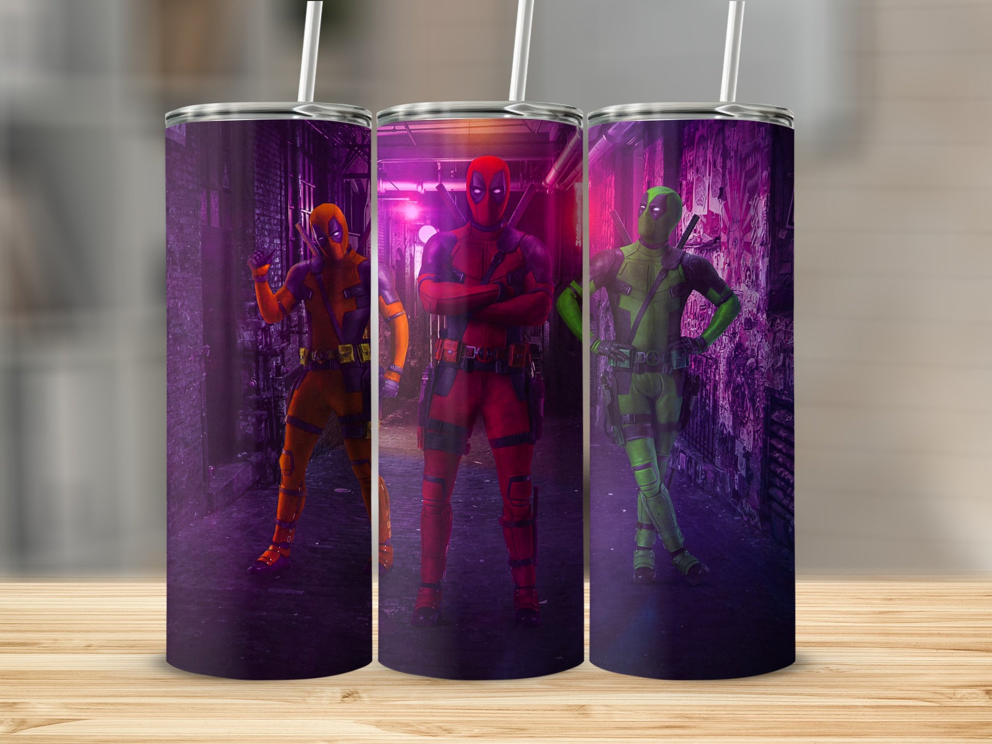 Three Colorful Deadpool Figures Urban Alley Scene product type