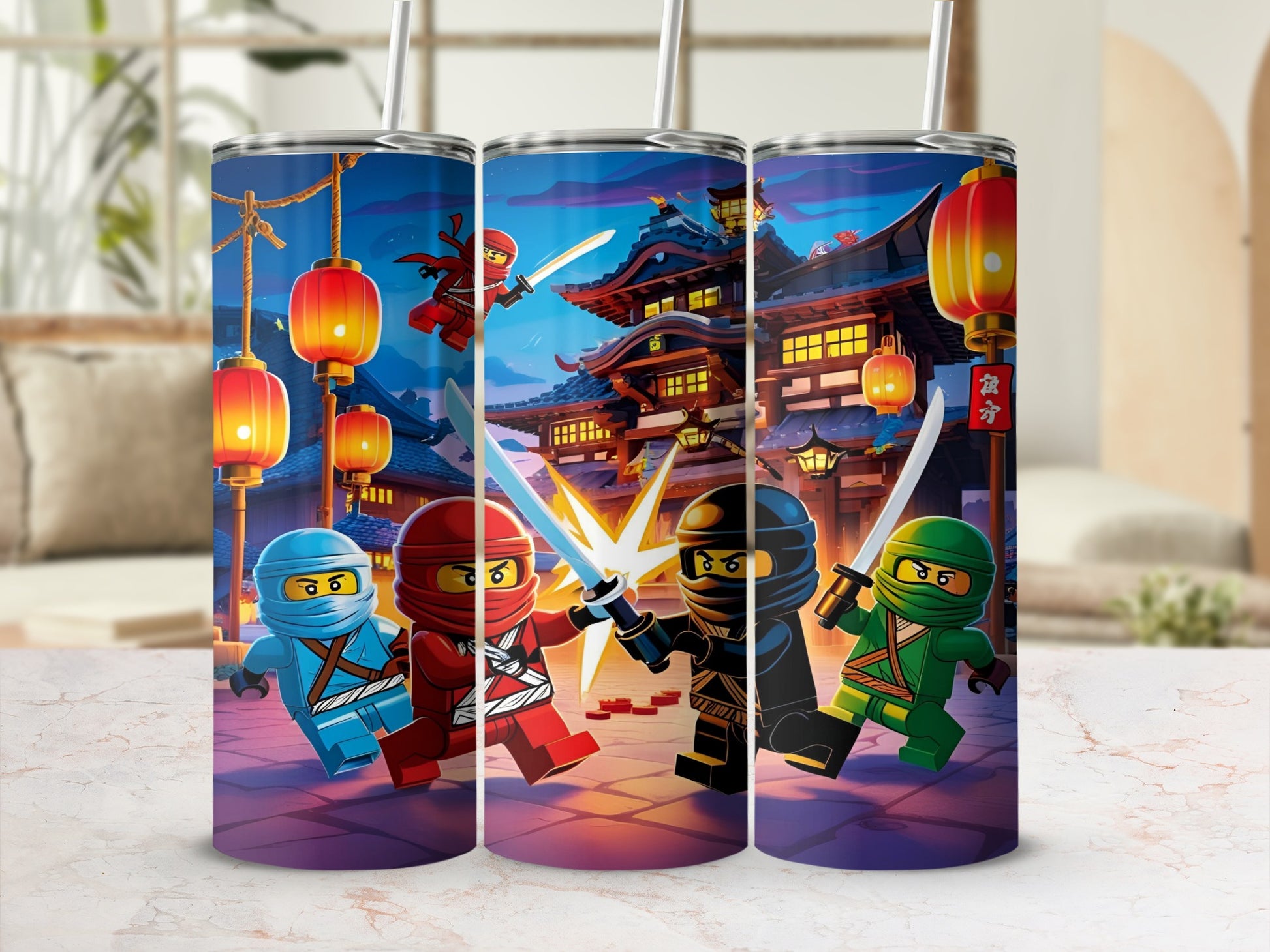 Four Ninjago characters in action in front of a Japanese-style building.