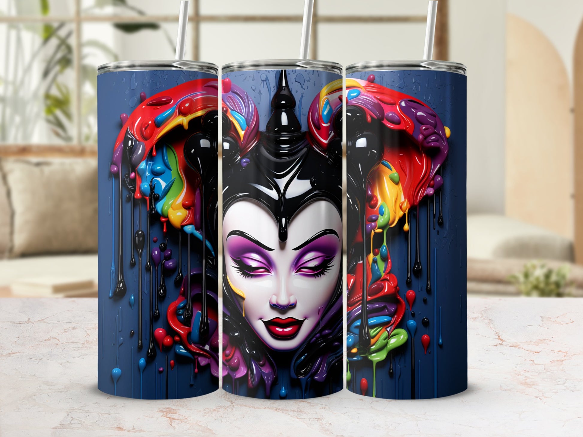 Colorful Maleficent Inspired Tumbler Cup with Straw