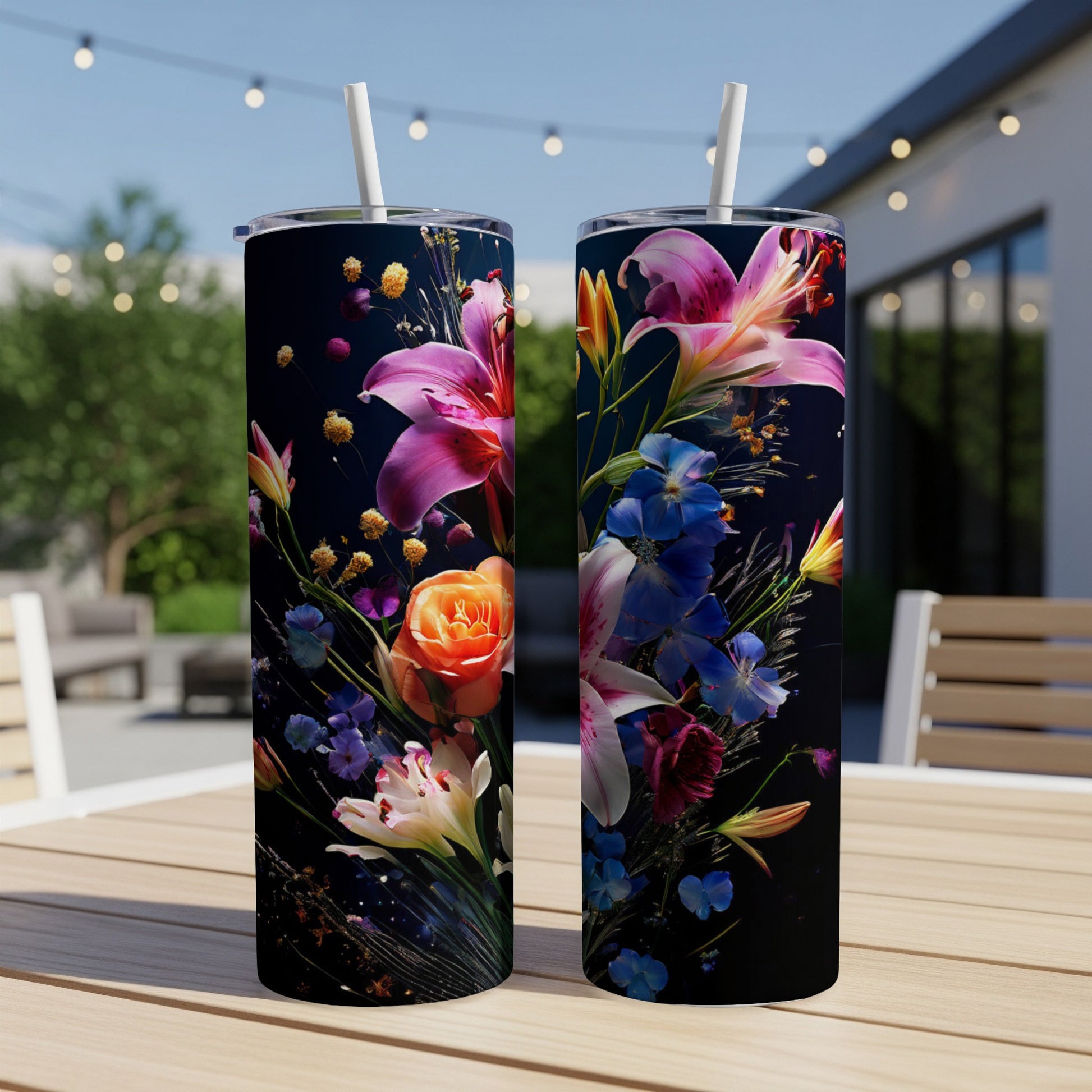 Two tumblers with a vibrant floral design displayed outdoors.
