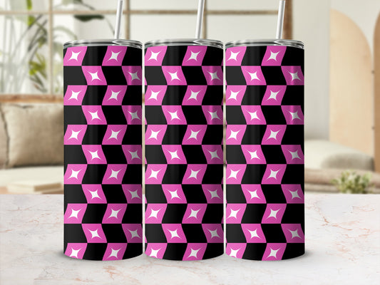 Three pink and white geometric pattern tumblers with straws on a marble surface.