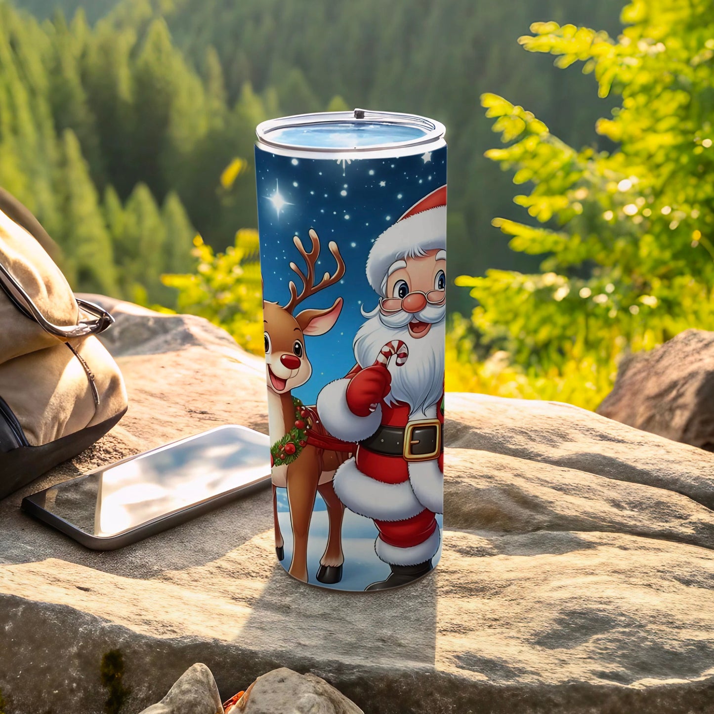 Santa and Reindeer Christmas Travel Tumbler Cup