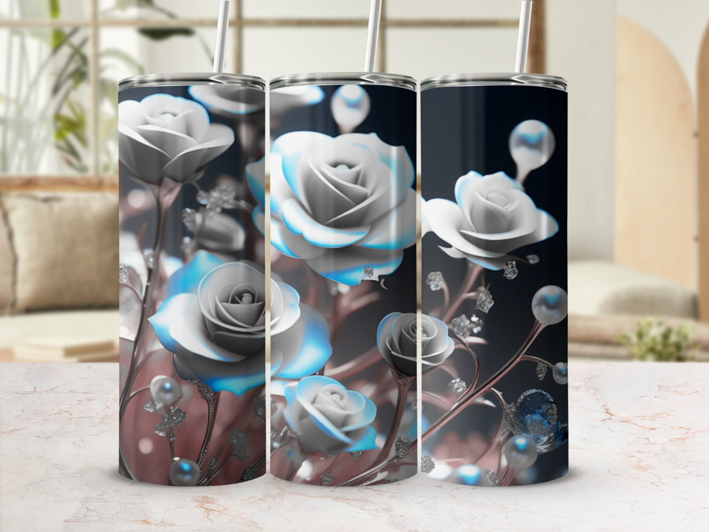 Three tumblers with light blue and white roses and silver glitter accents.