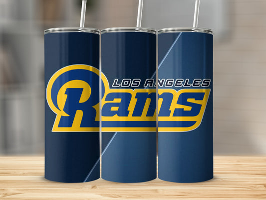 Los Angeles Rams logo on three dark blue tumblers with straws.
