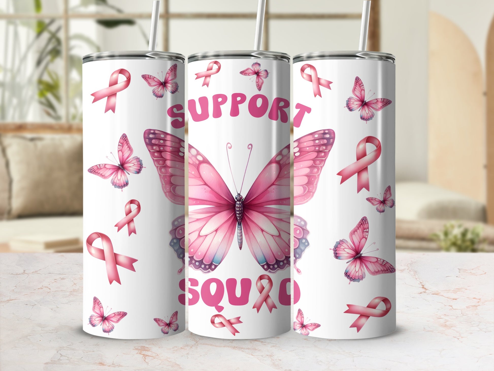 Pink butterfly and breast cancer awareness ribbons with "SUPPORT SQUAD" text.
