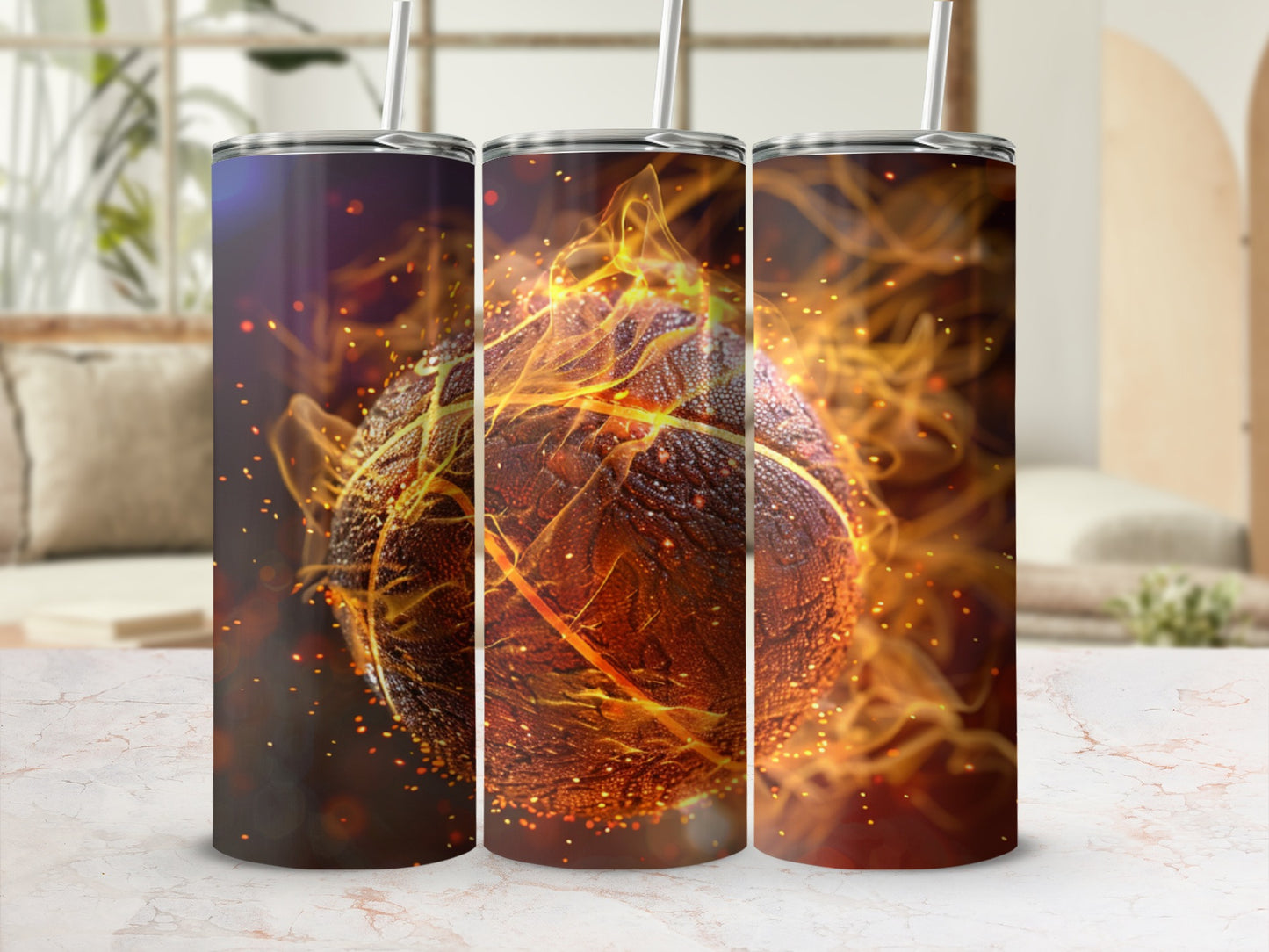 Basketball engulfed in flames, showcased on a marble countertop.