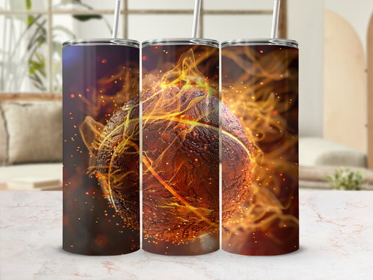 Basketball engulfed in flames, showcased on a marble countertop.