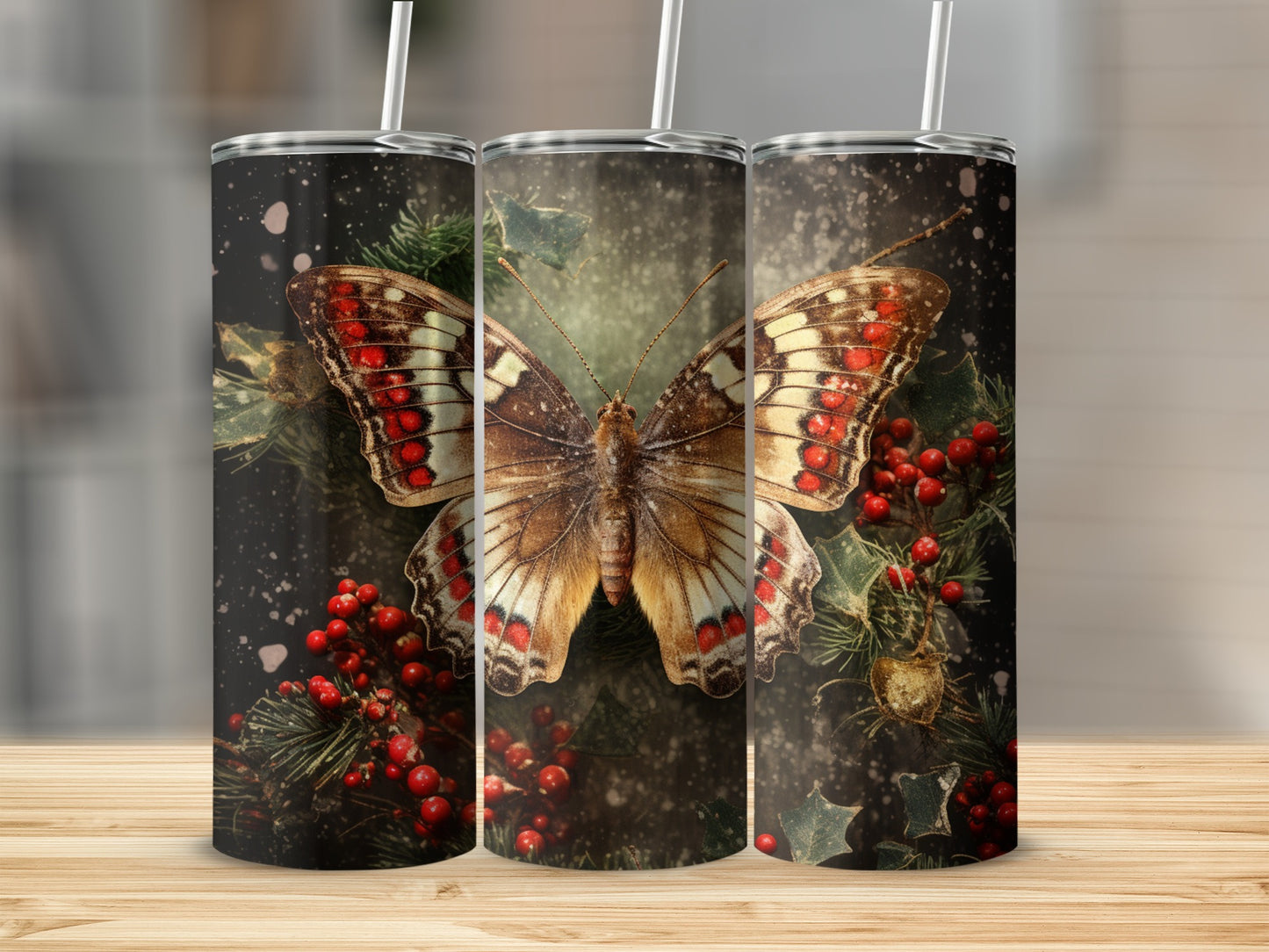 Three tumblers with a detailed butterfly and berry branch design.